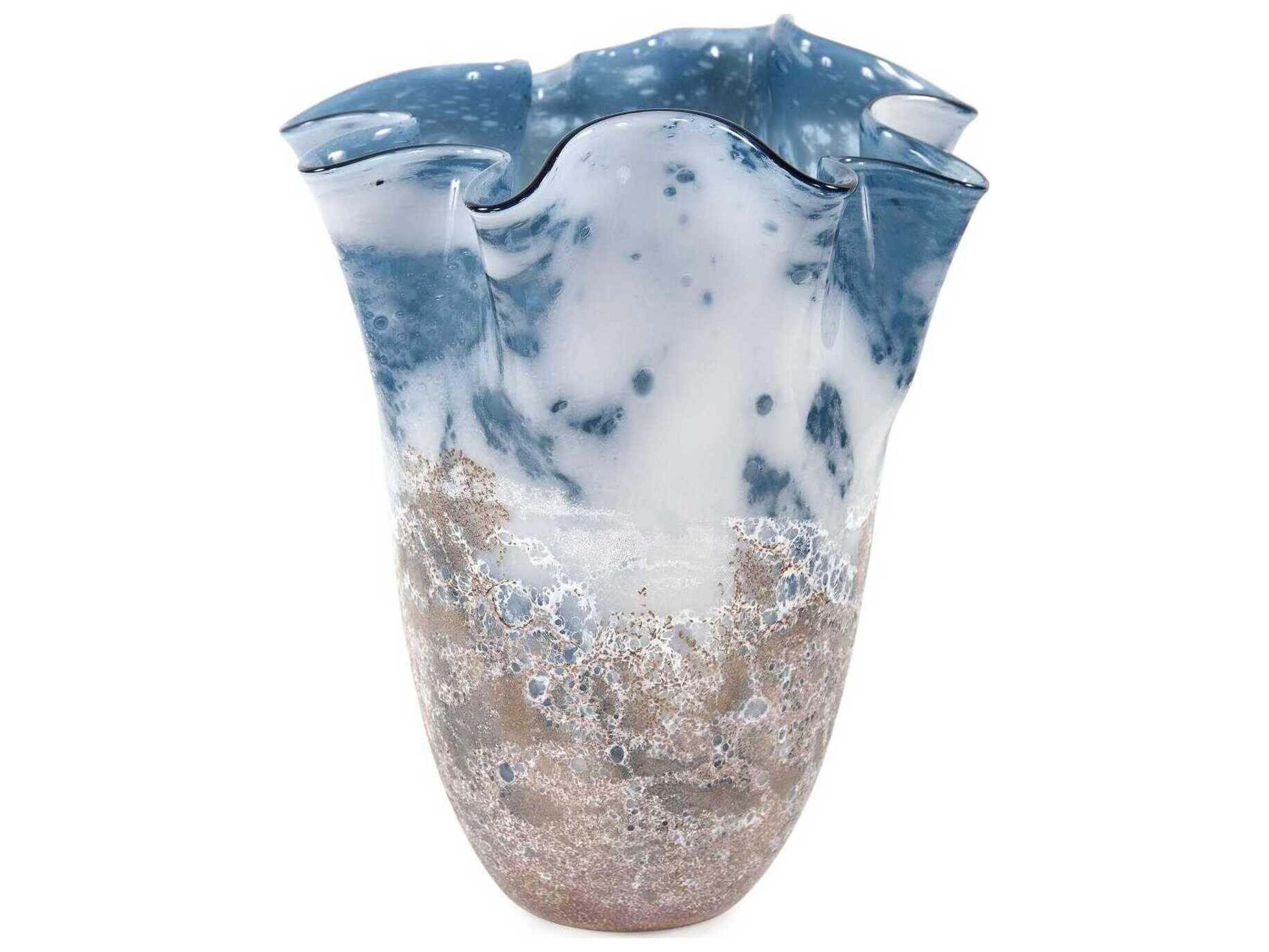 Howard Elliott Baltic Blue White Beige Ruffled Vase