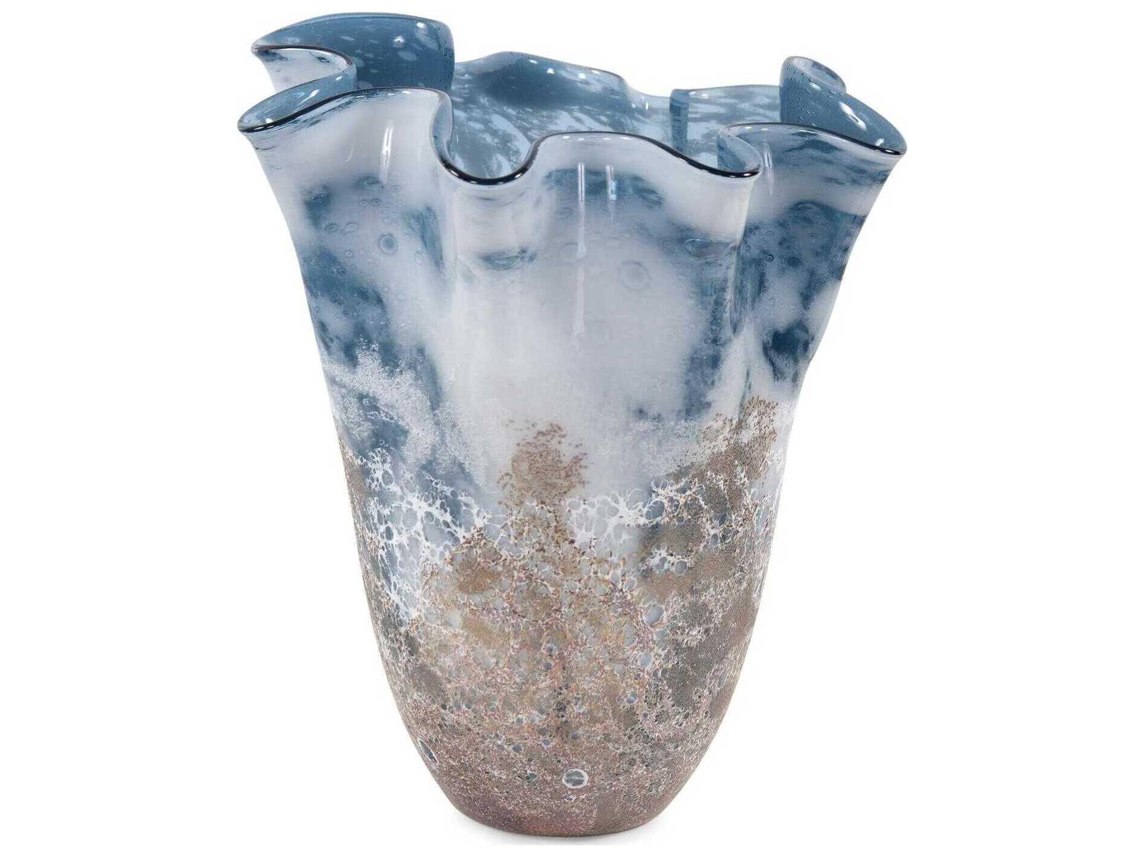 Howard Elliott Baltic Blue White Beige Ruffled Vase
