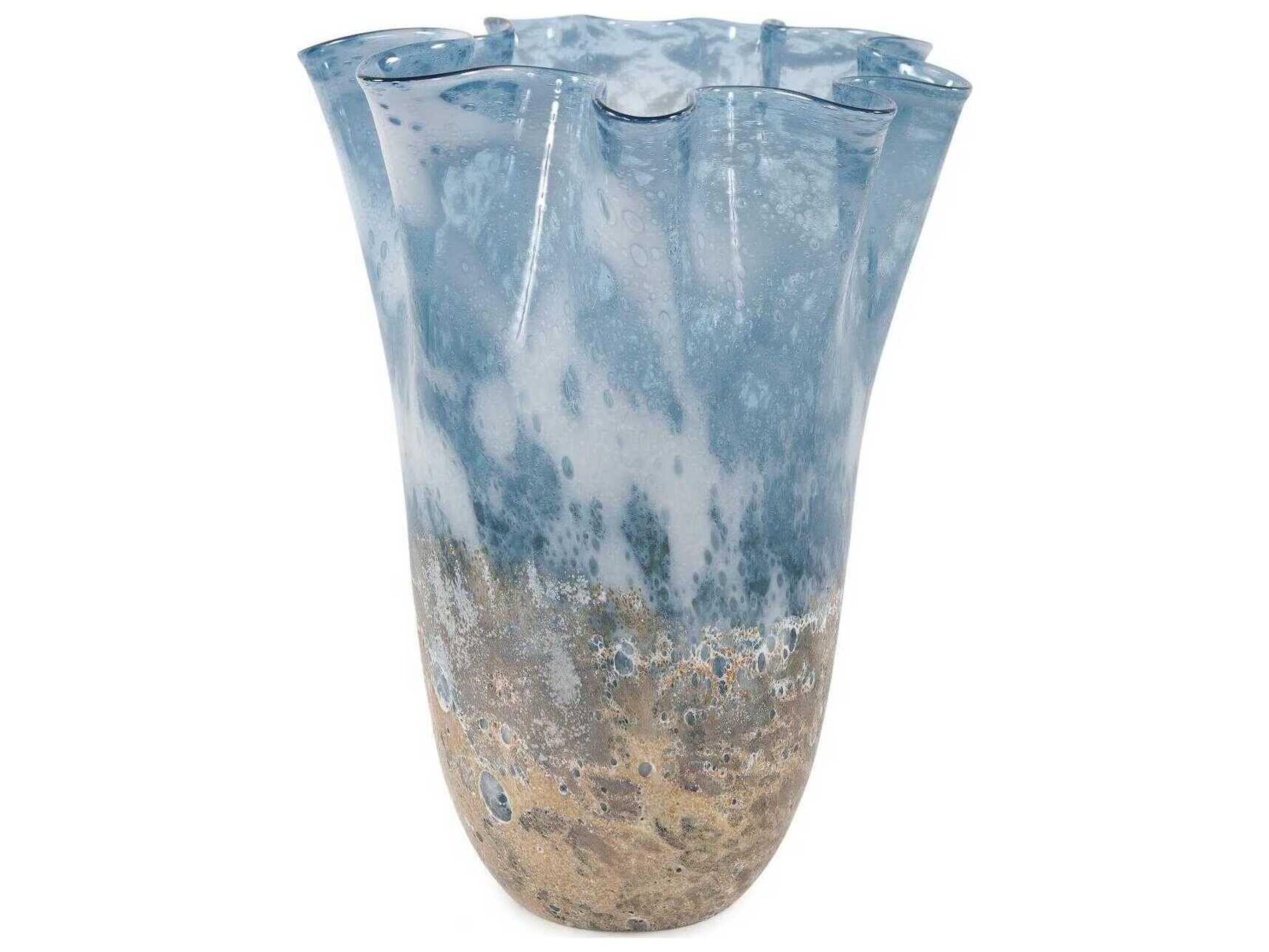 Howard Elliott Baltic Blue White Beige Ruffled Vase