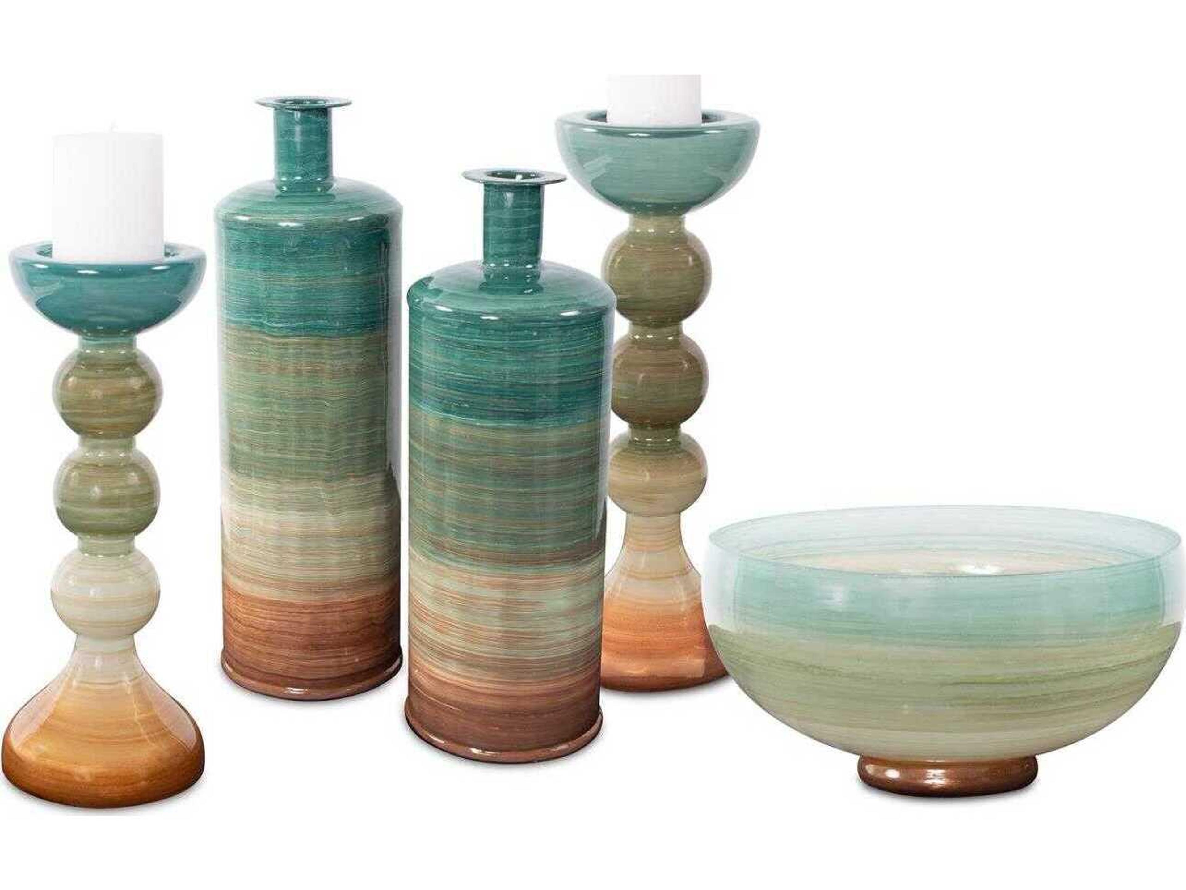 Howard Elliott Capri Teal Green Brown Stripe Glass Decorative Bowl