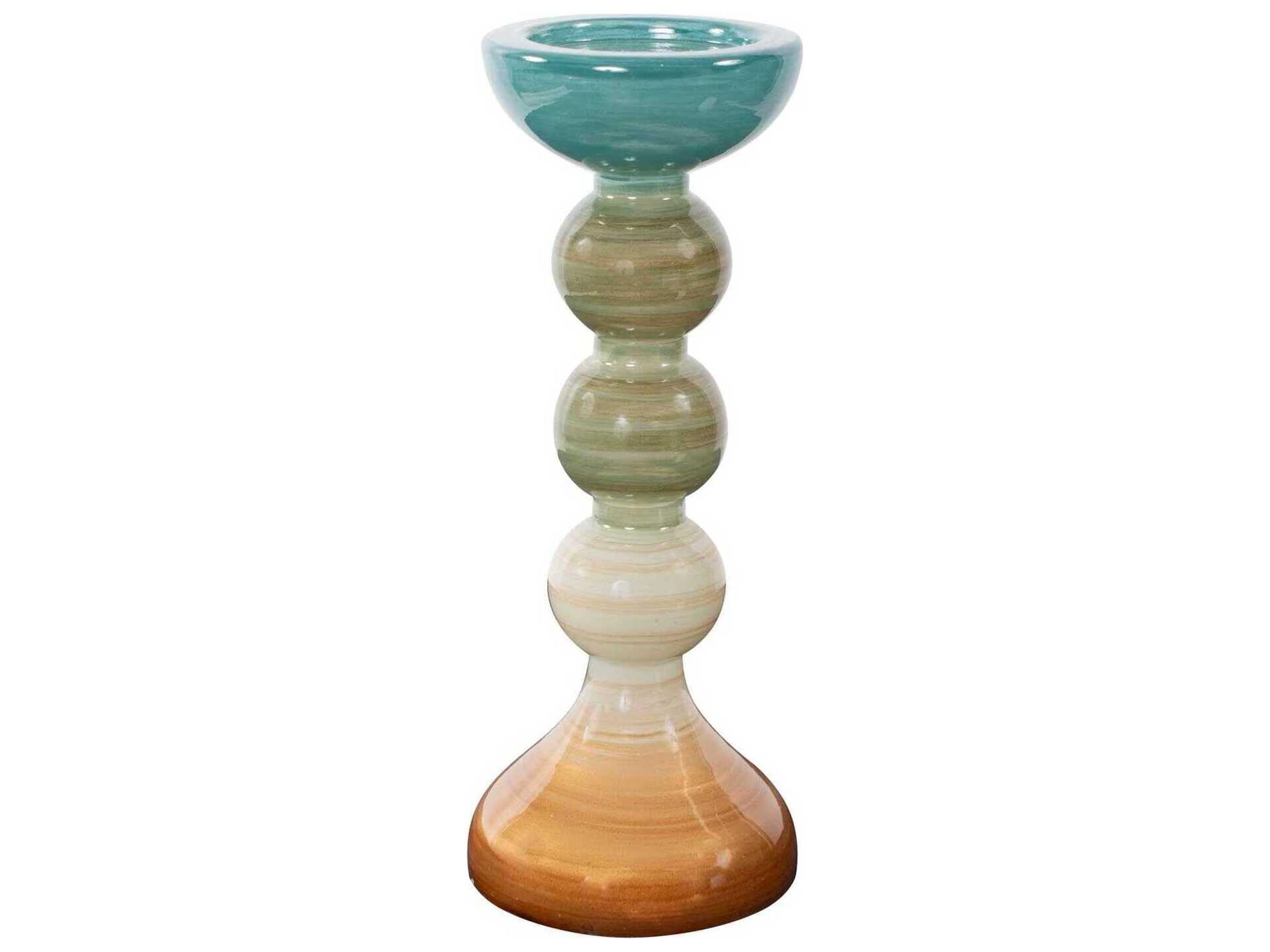 Howard Elliott Capri Teal Green Brown Stripe Glass Candle Holder