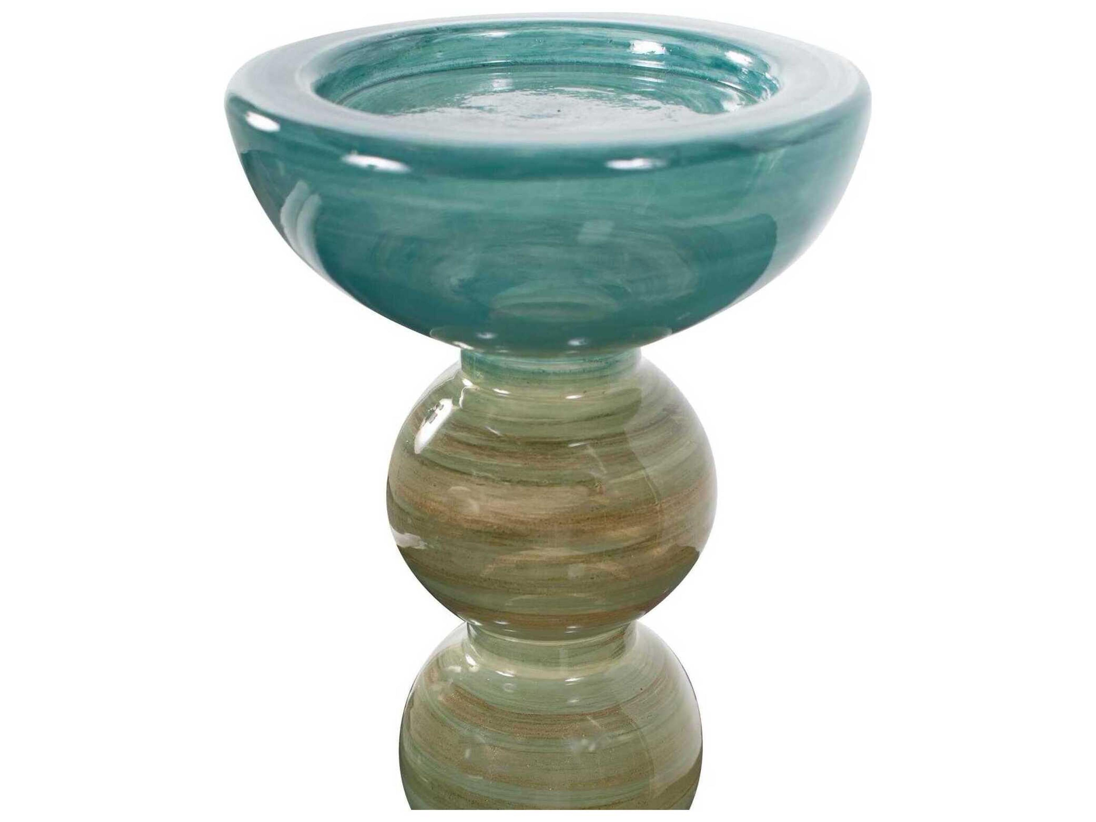 Howard Elliott Capri Teal Green Brown Stripe Glass Candle Holder