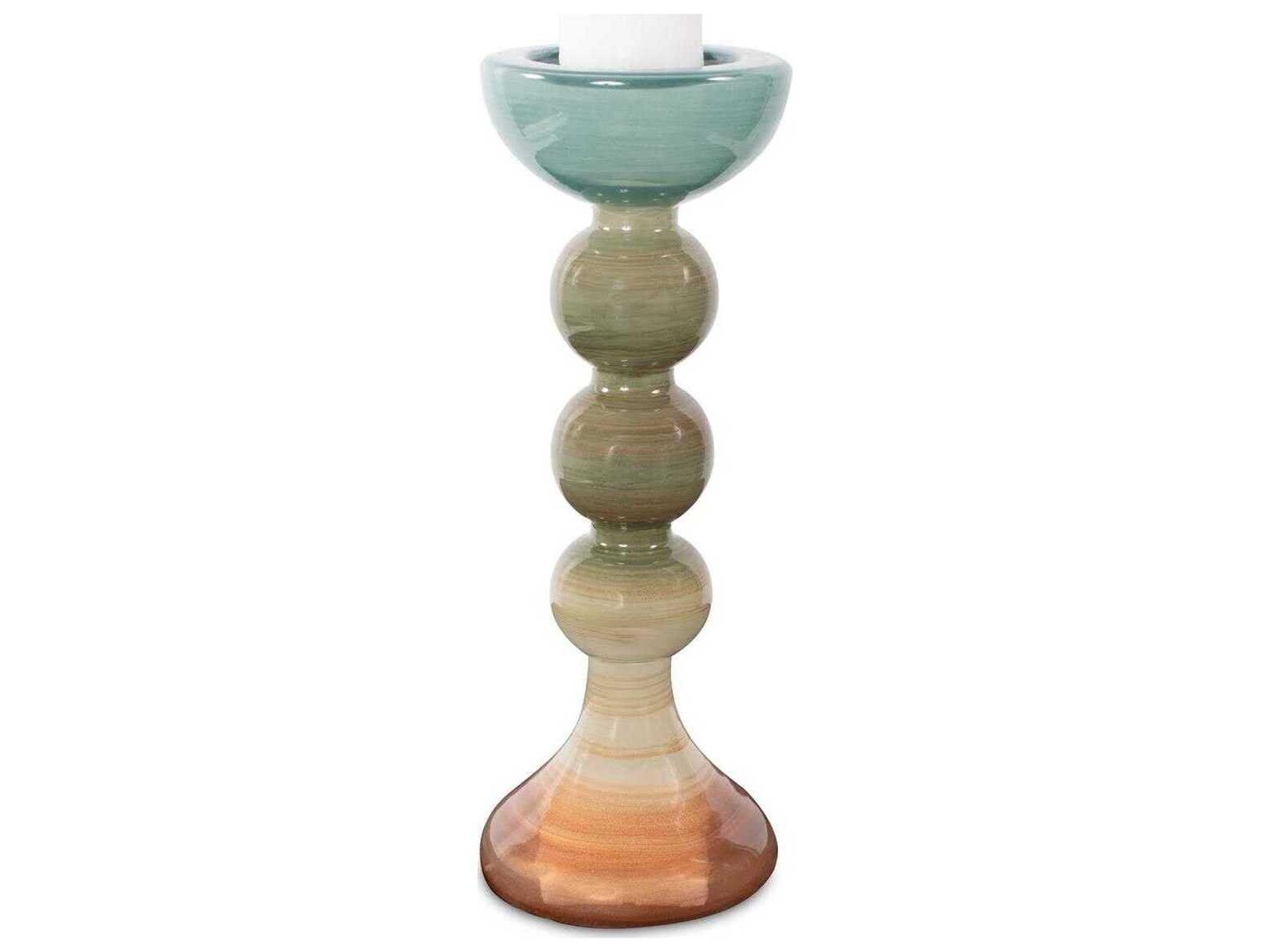 Howard Elliott Capri Teal Green Brown Stripe Glass Candle Holder