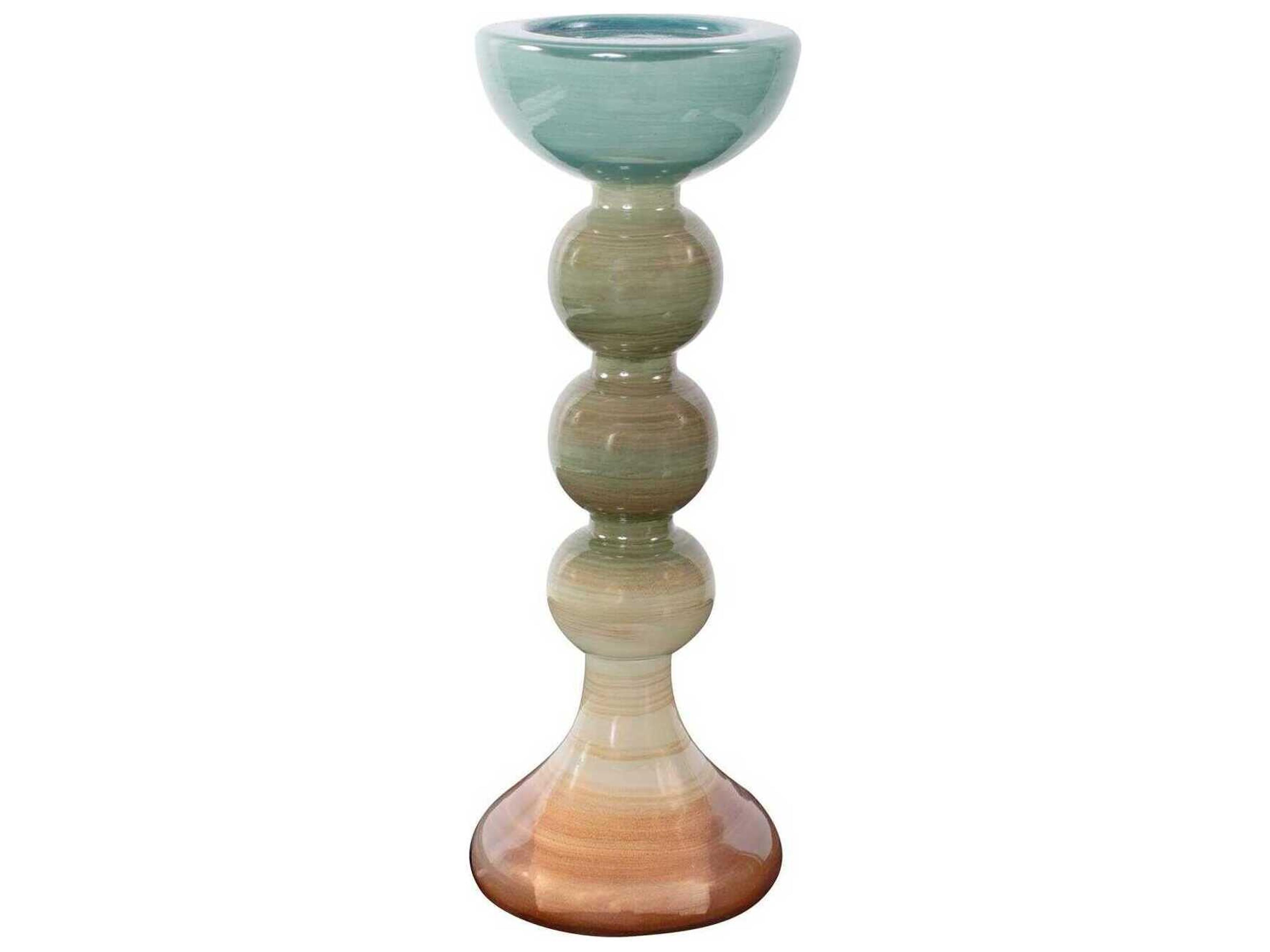 Howard Elliott Capri Teal Green Brown Stripe Glass Candle Holder