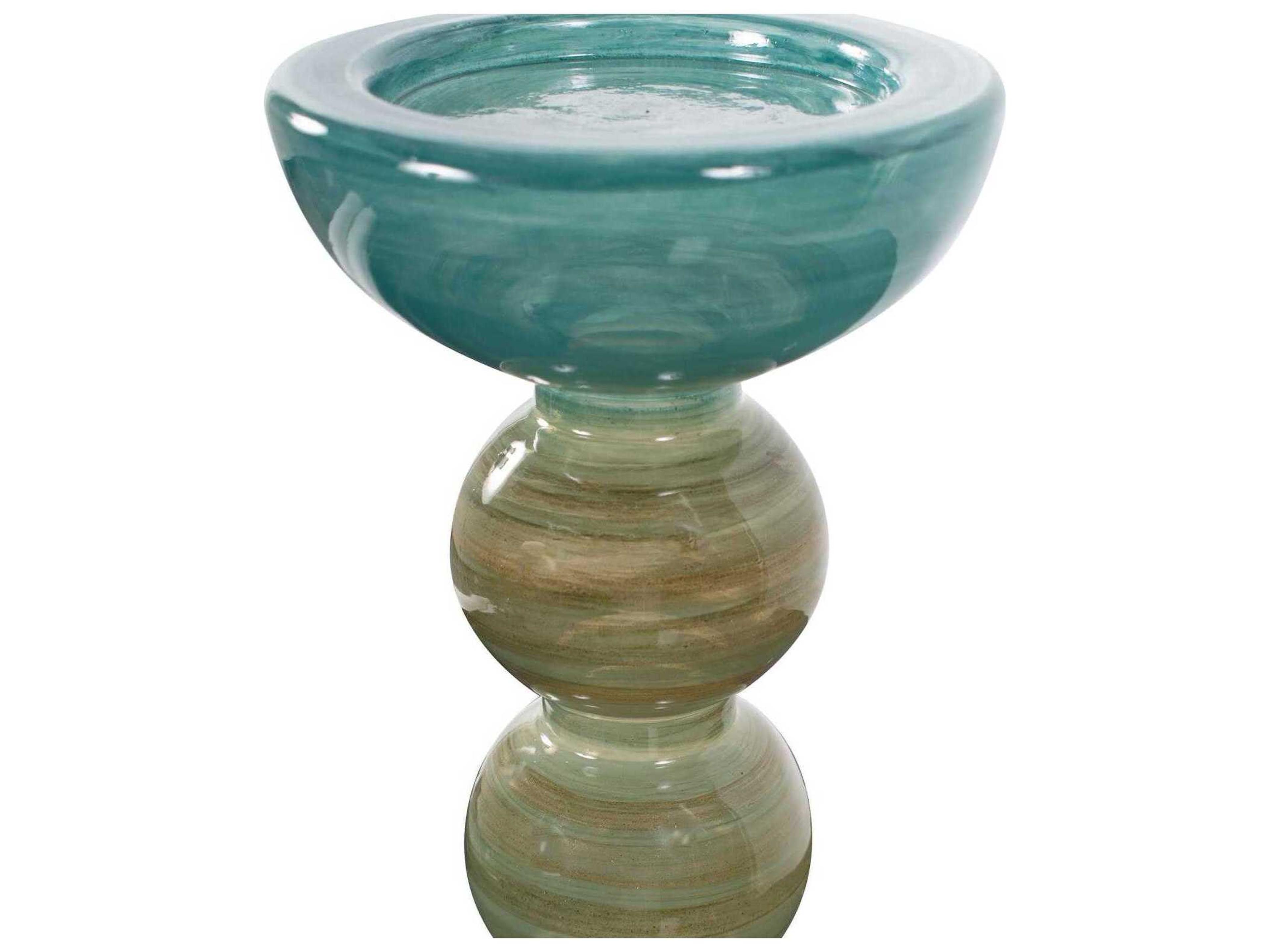 Howard Elliott Capri Teal Green Brown Stripe Glass Candle Holder