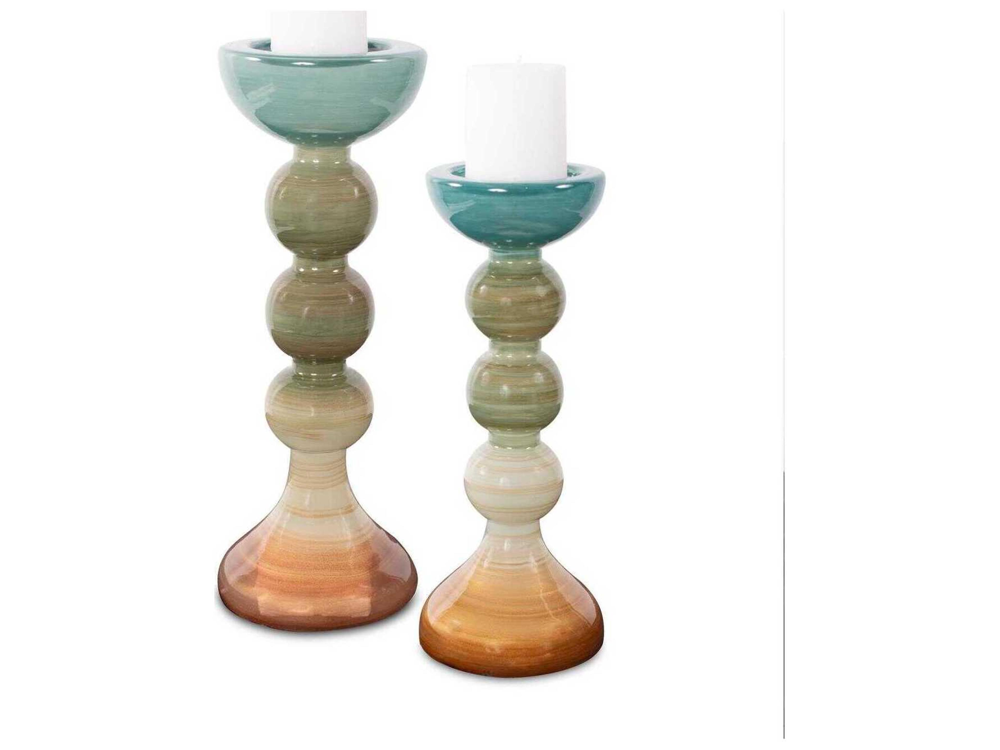 Howard Elliott Capri Teal Green Brown Stripe Glass Candle Holder