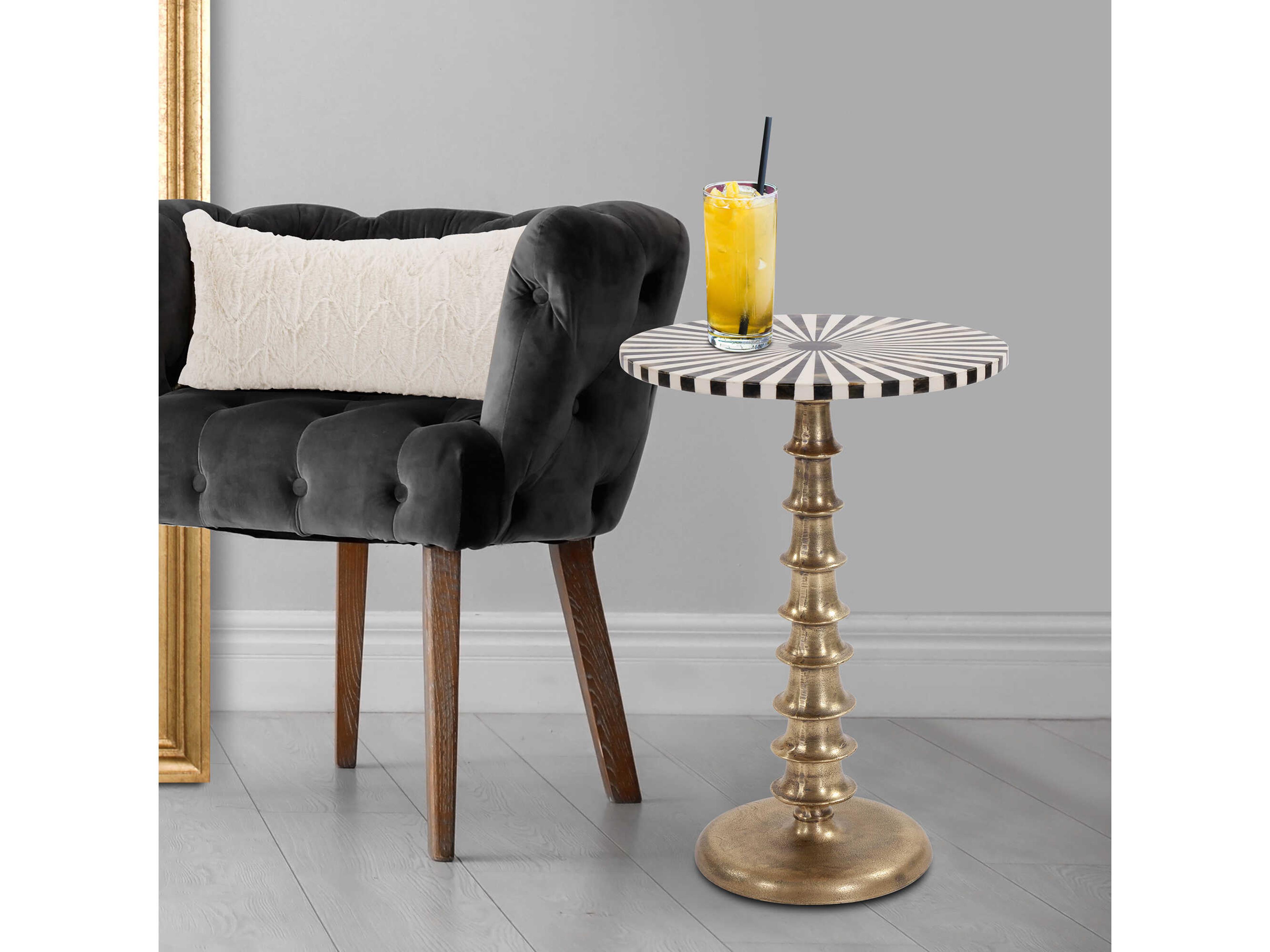 Howard Elliott Round Gold Black White End Table