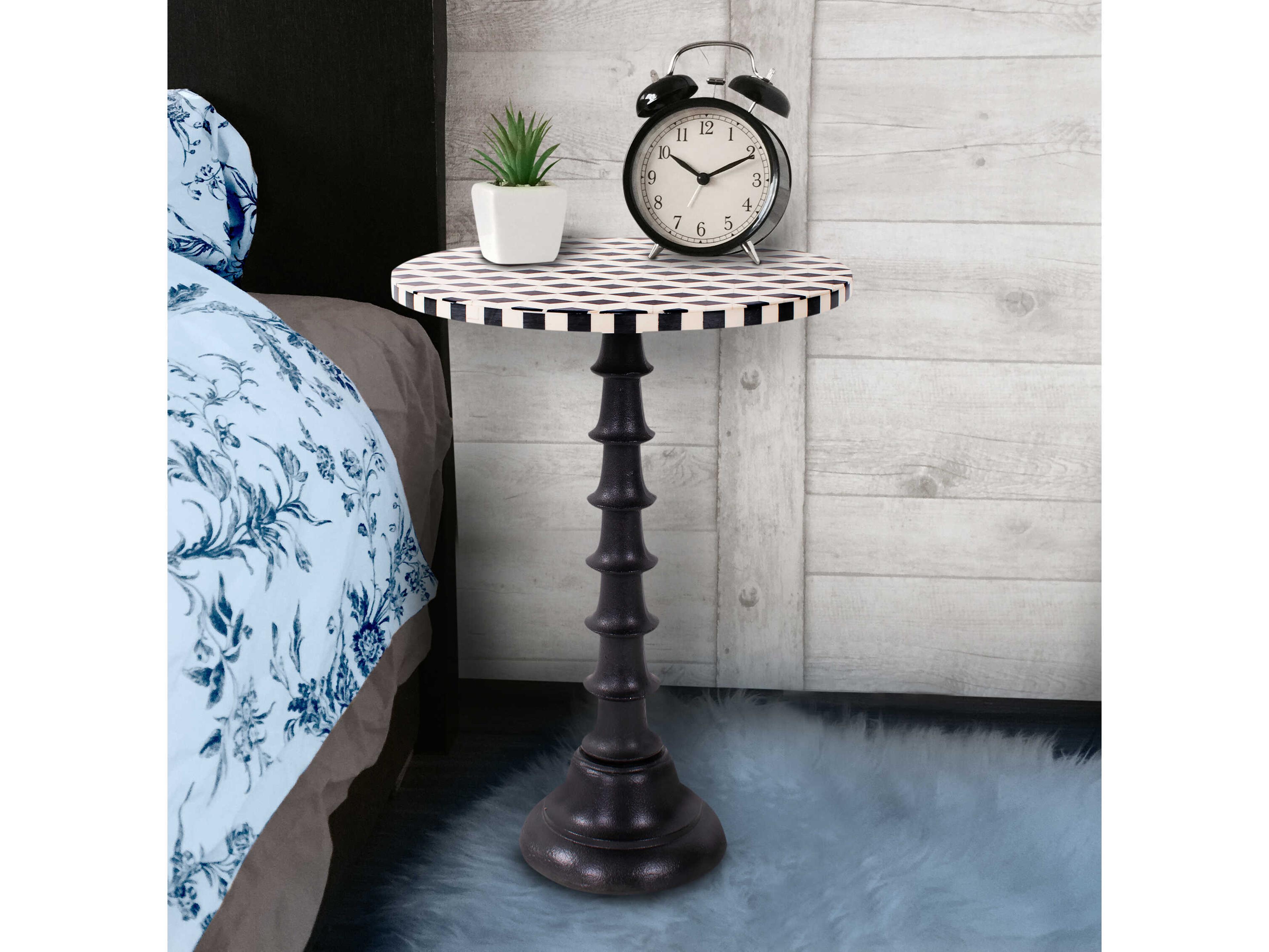 Howard Elliott Columbina Round Wood Black White End Table