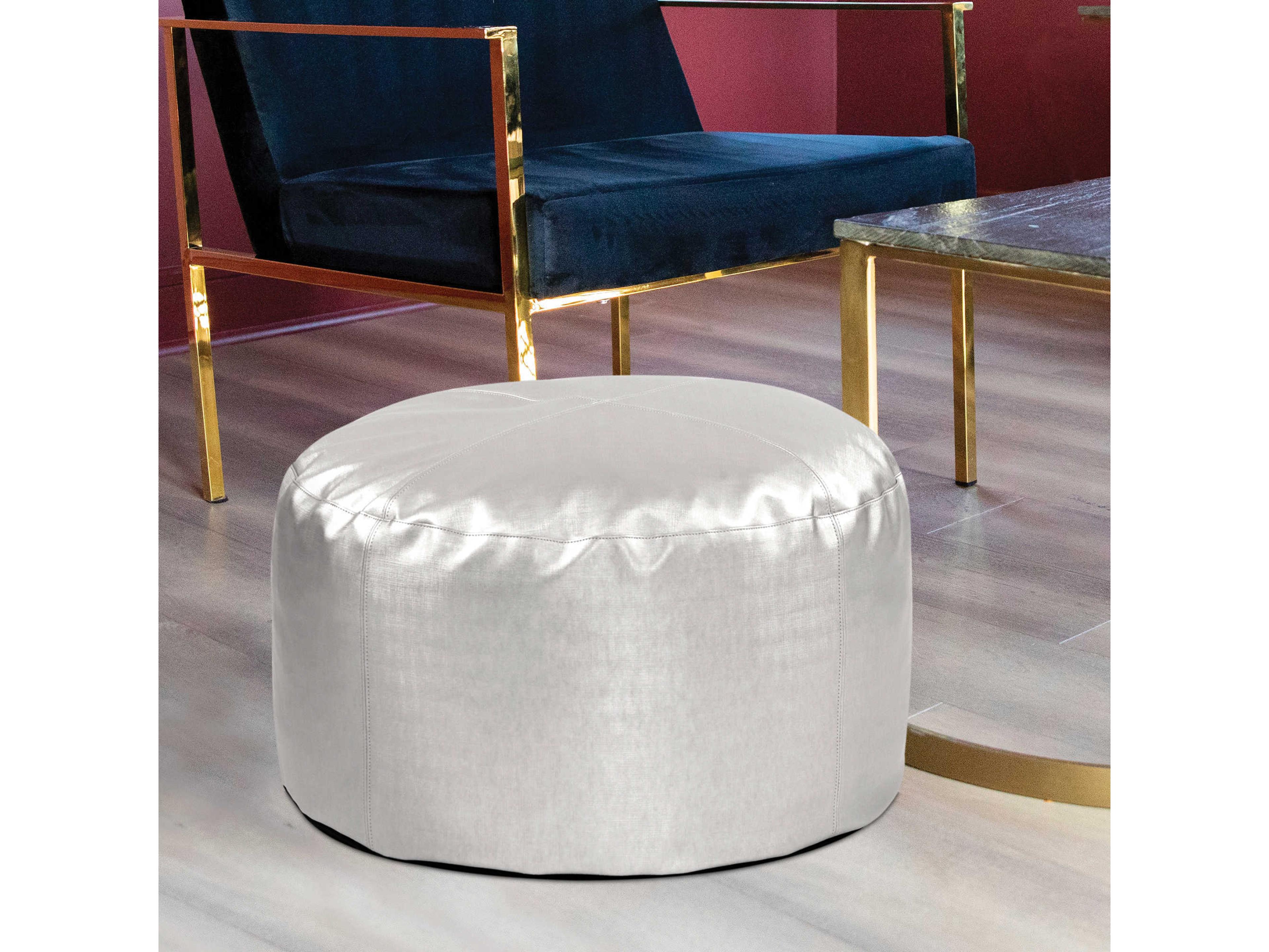 Howard Elliott Foot Luxe Mercury Silver Upholstered Pouf White Fabric Ottoman