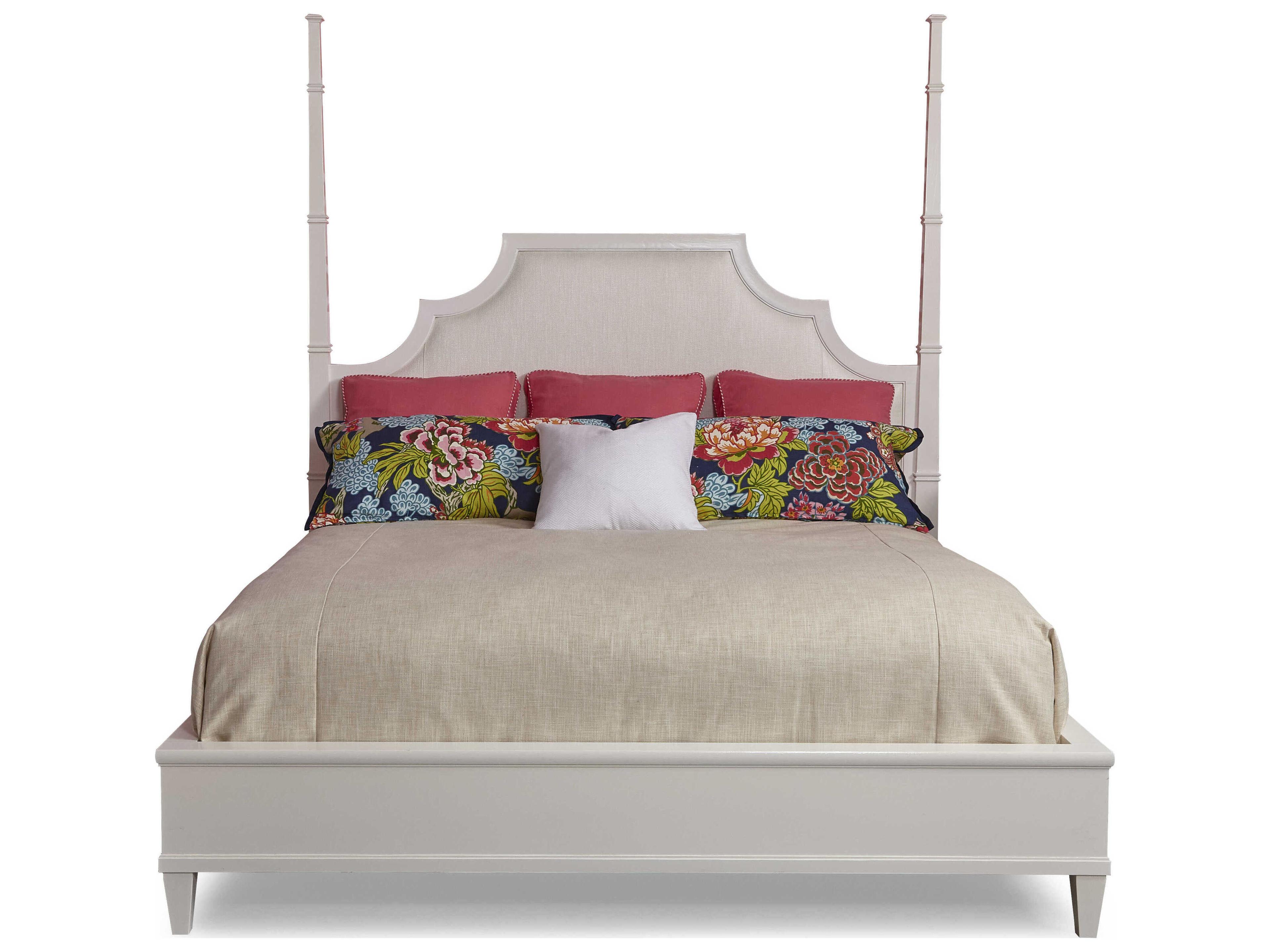Hickory White Trellis Sugar Ash Wood Upholstered Mazie Queen Poster Bed
