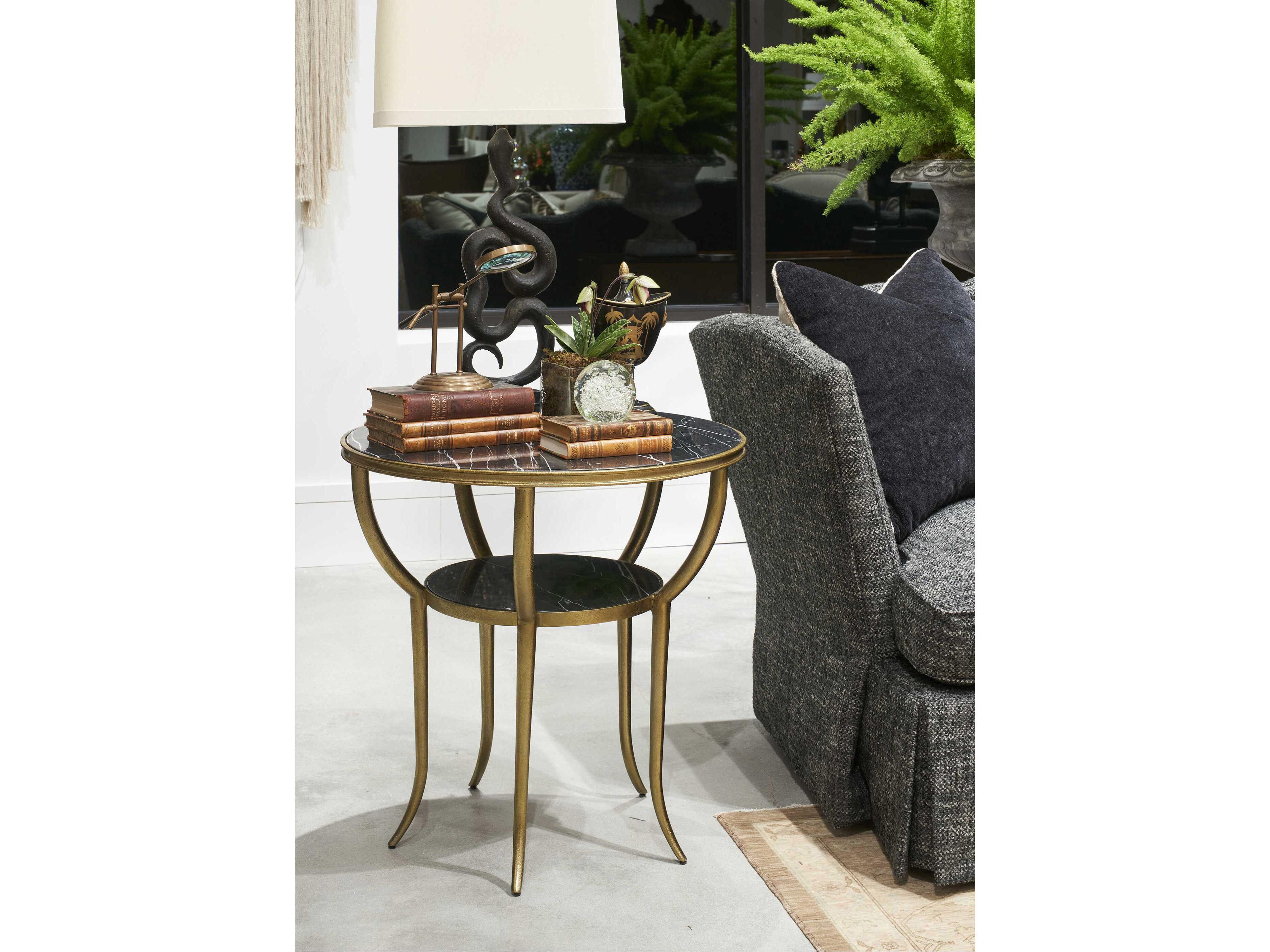 Hickory White Round Marble Brass End Table