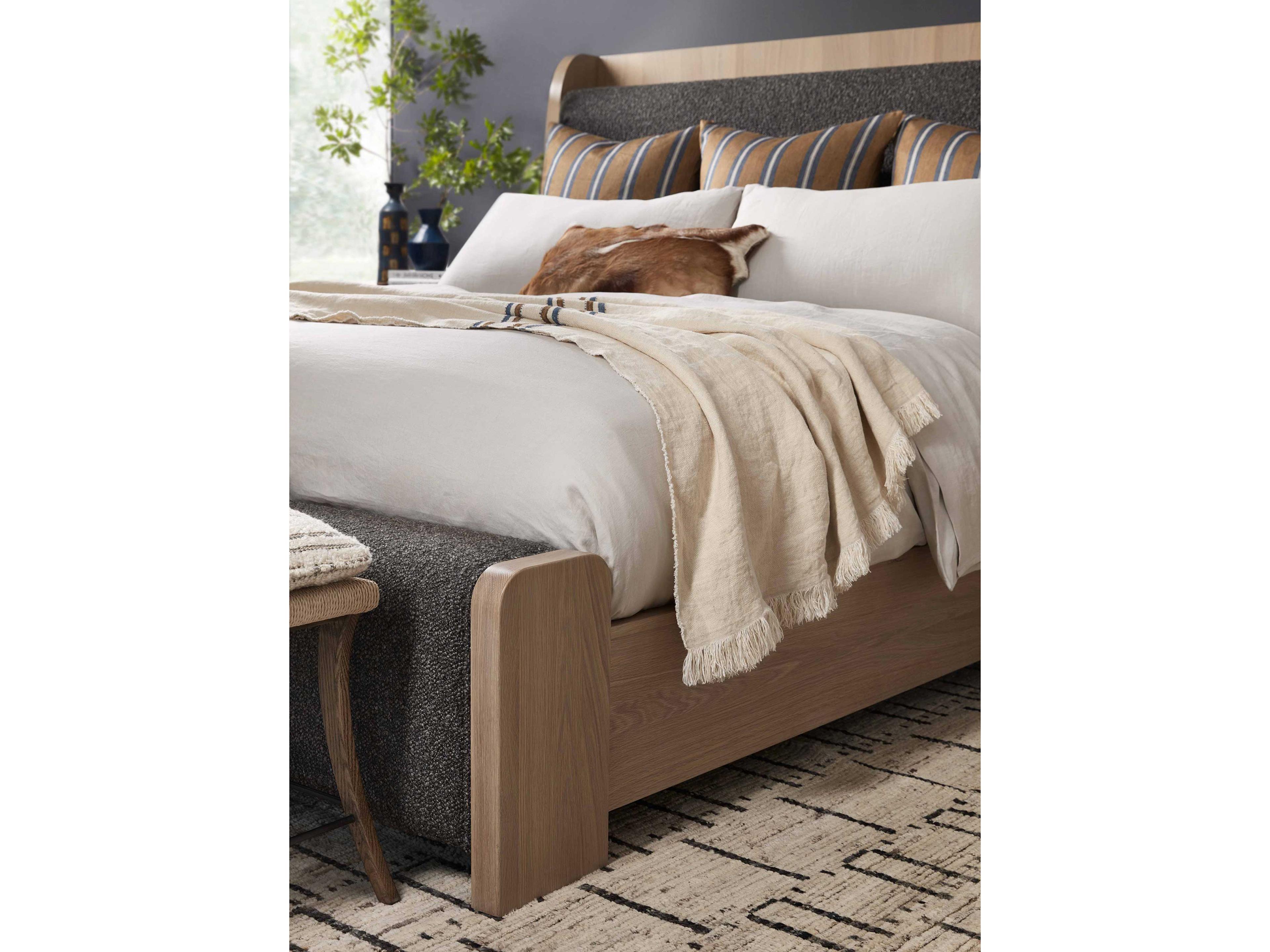 Hickory White Revival 81 Beige Oak Wood Upholstered Frio King Panel Bed