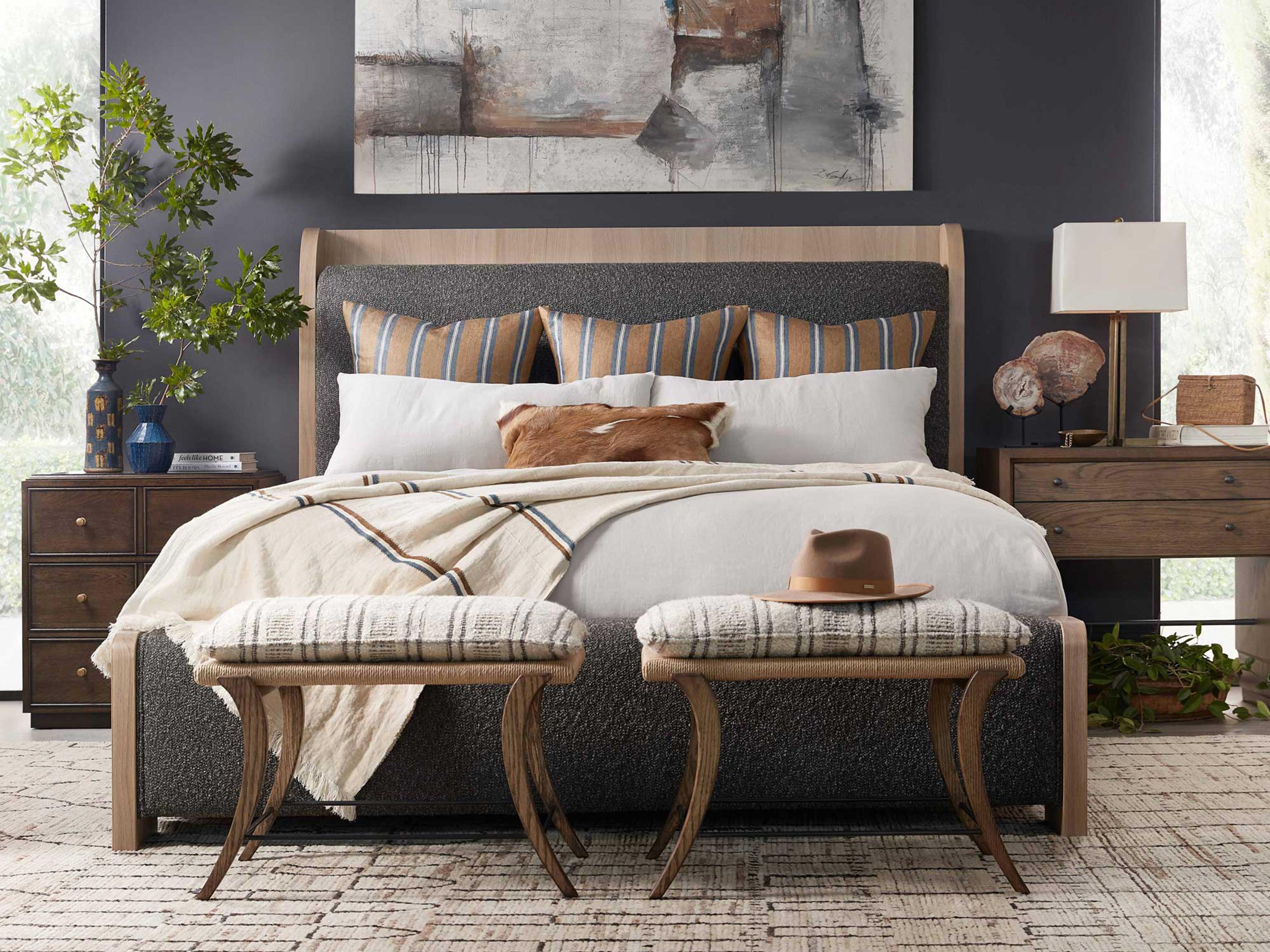 Hickory White Revival 81 Beige Oak Wood Upholstered Frio King Panel Bed