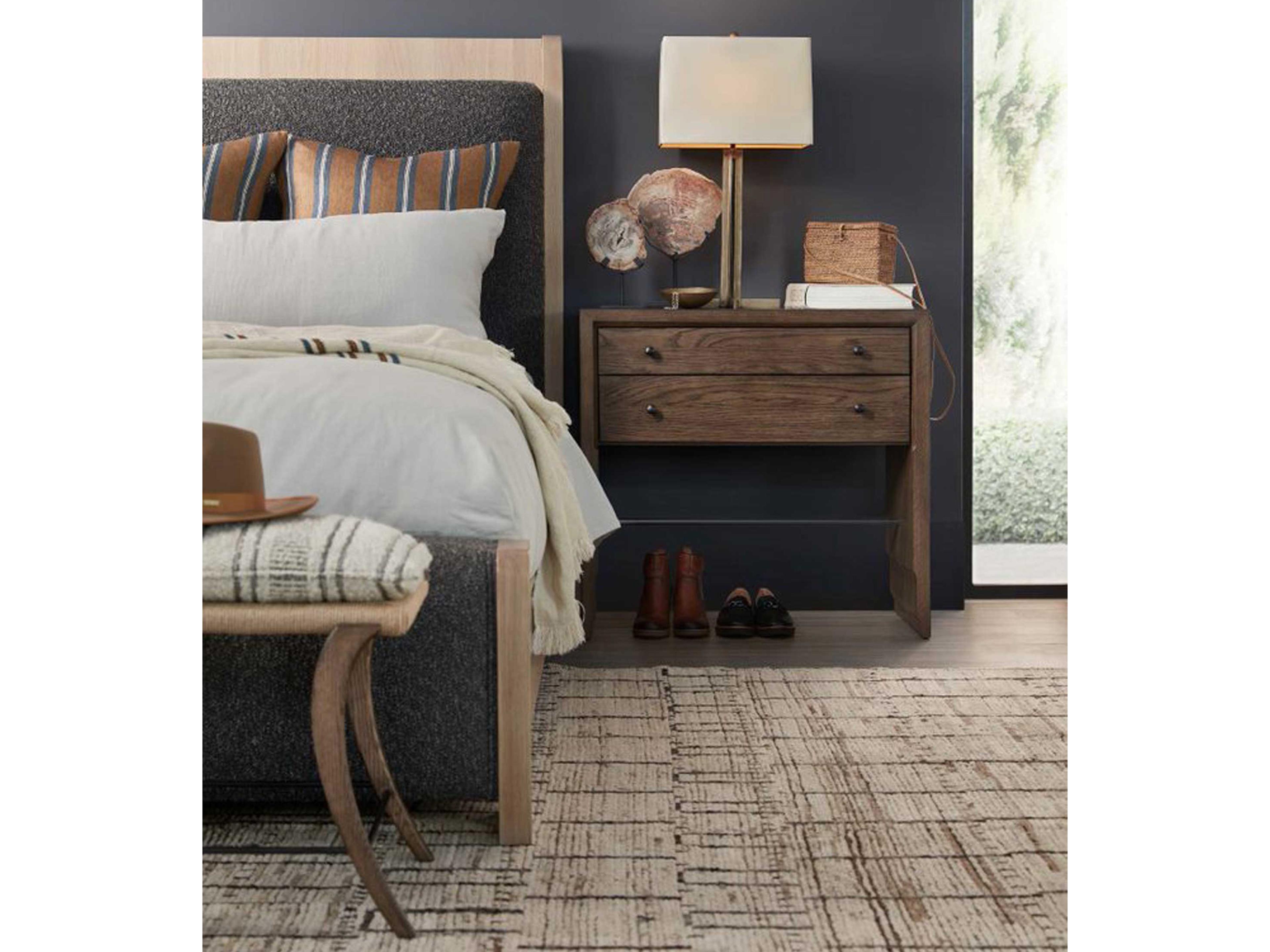 Hickory White Revival 81 Beige Oak Wood Upholstered Frio King Panel Bed