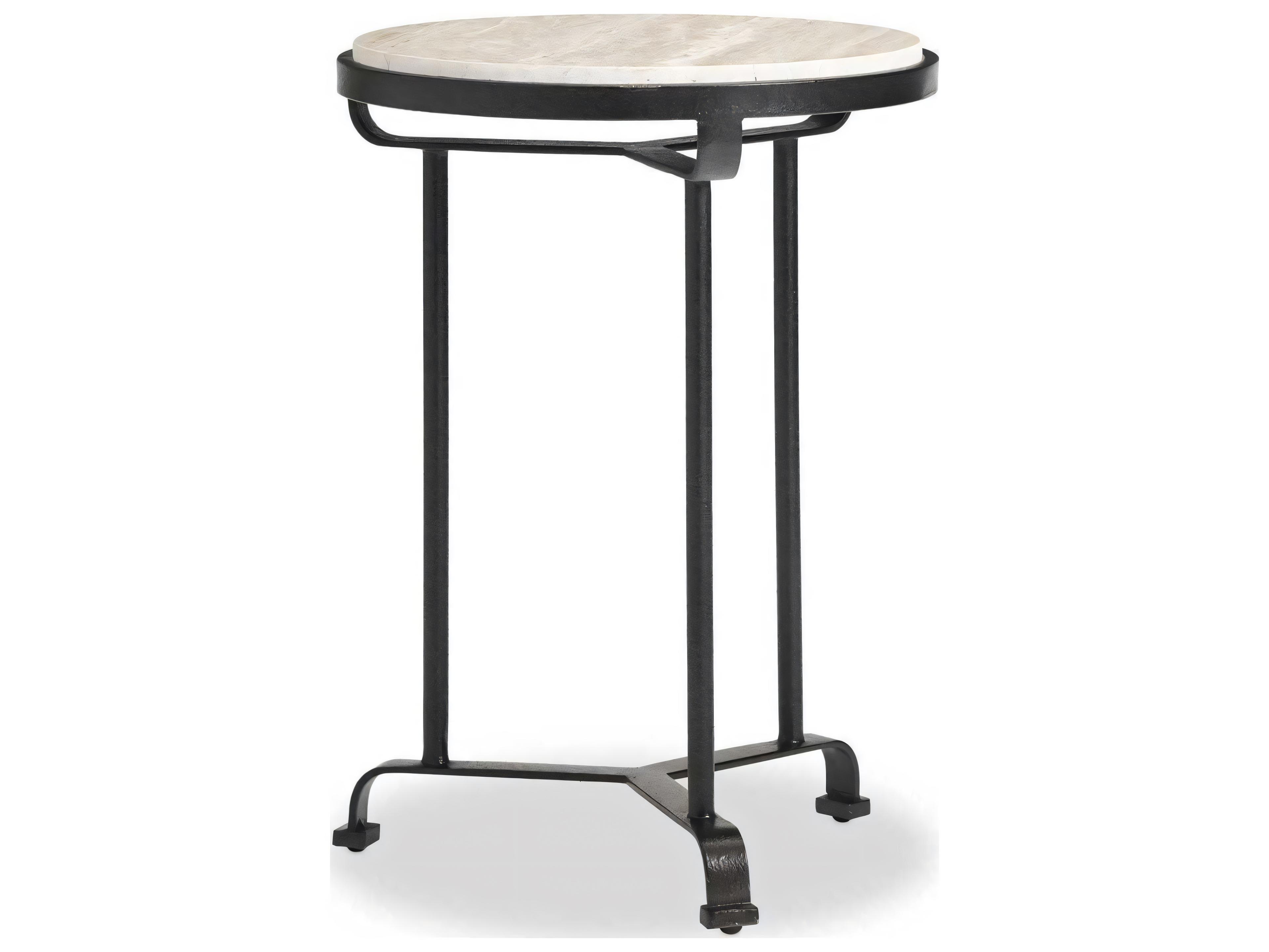Revival Sutter Round End Table with Hone White Travertine Top and Dark Hammered Metal Base