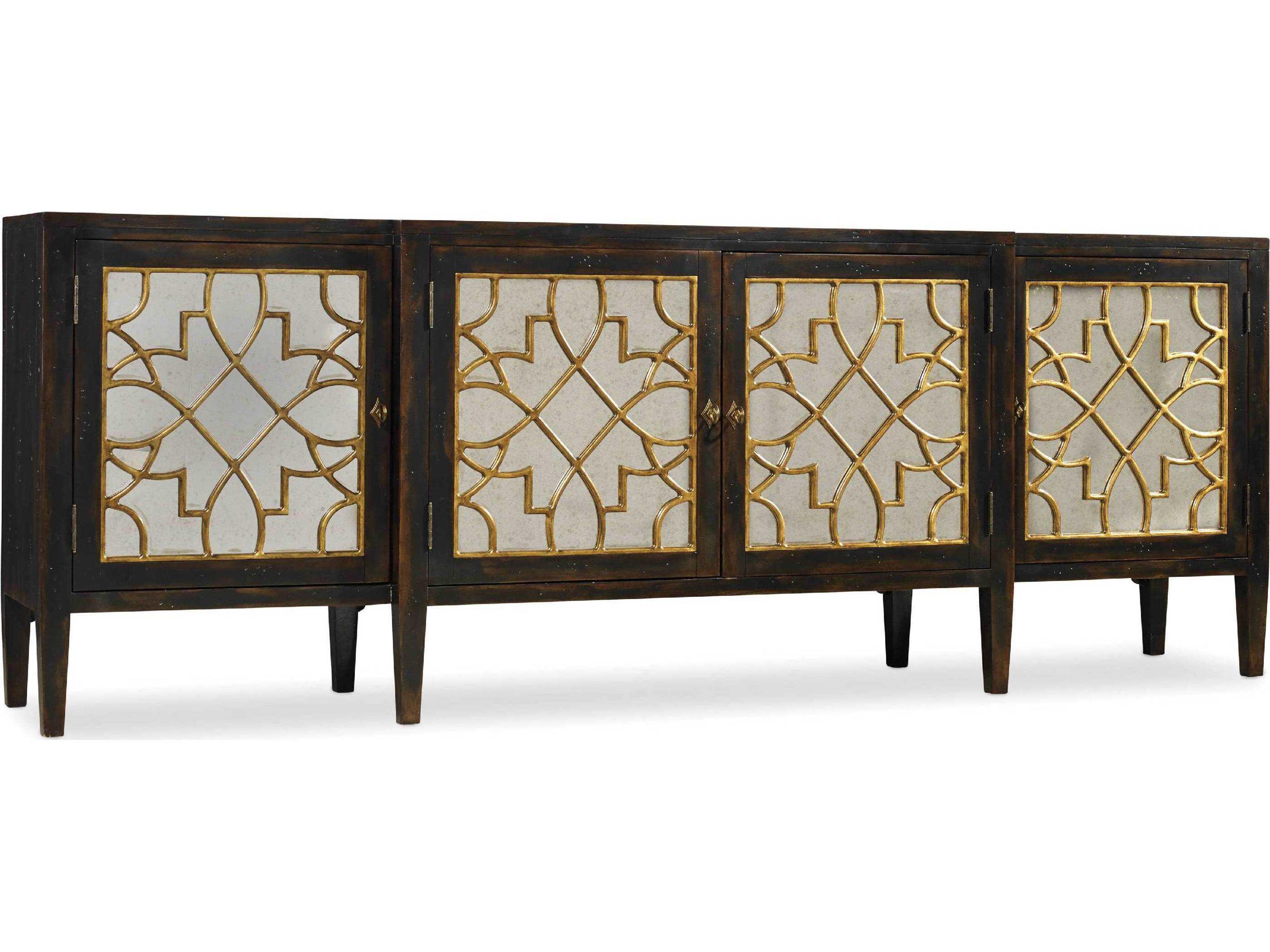Sanctuary Four Door Mirrored Console in Ebony with Gold Fretwork