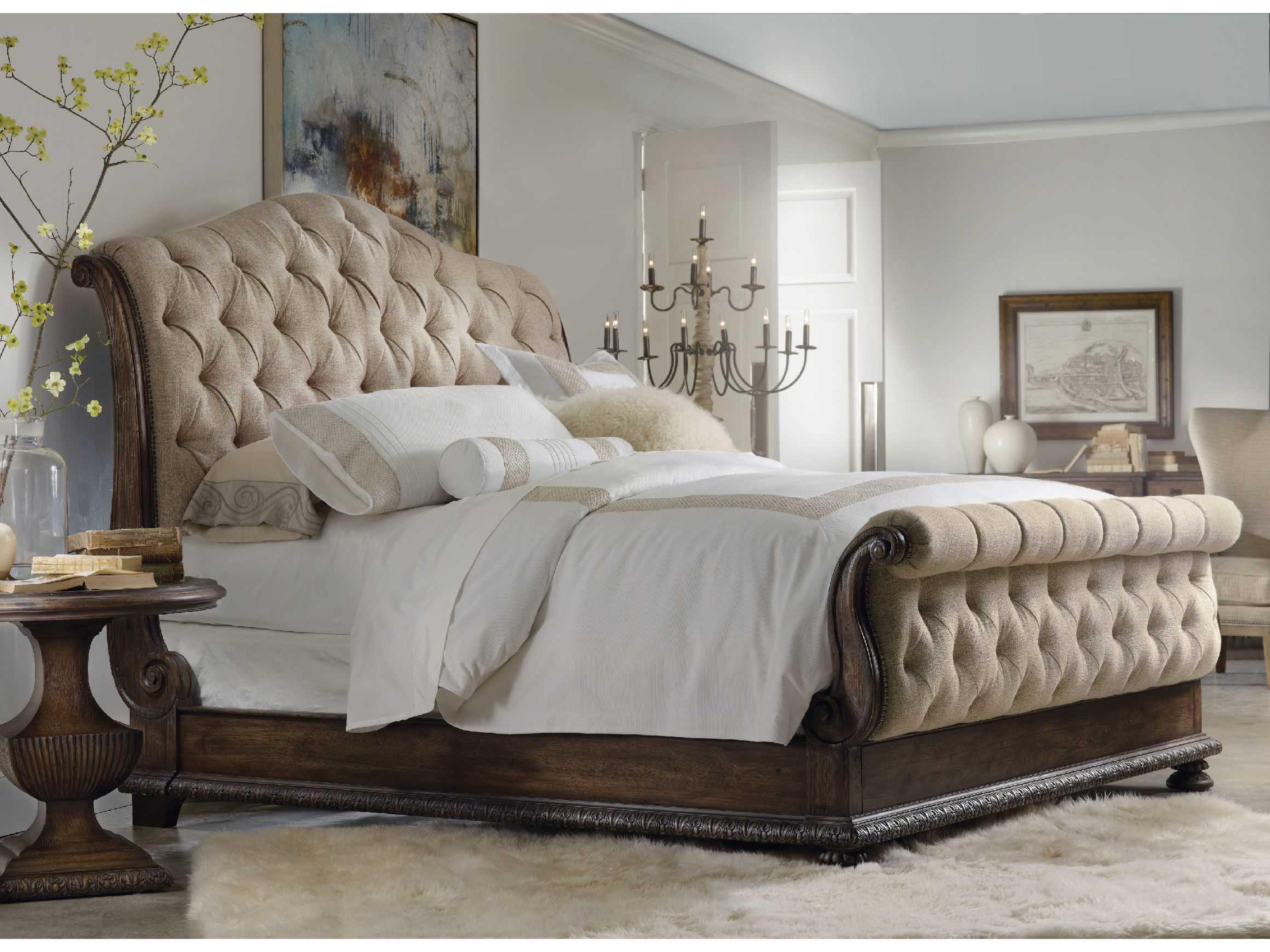 Hooker Furniture Rhapsody Aurora Ecru Rustic Walnut Beige Hardwood Upholstered King Sleigh Bed