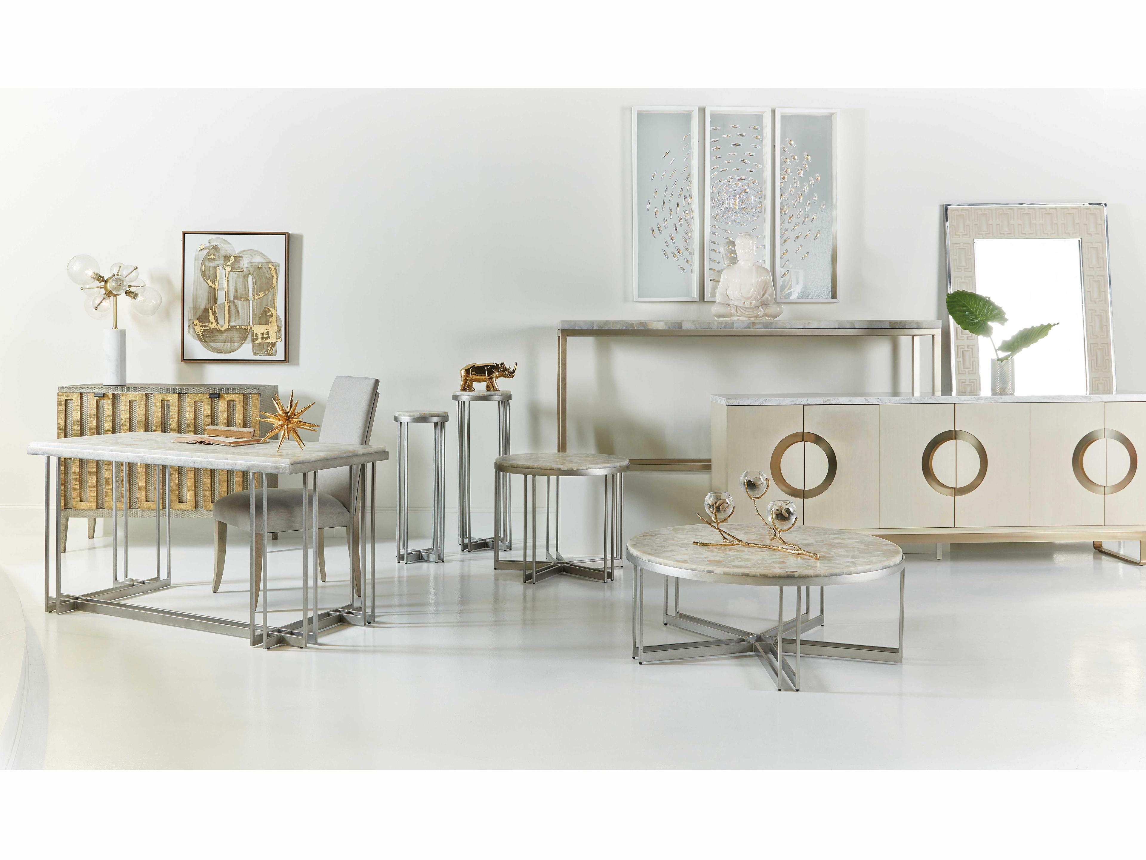 Hooker Furniture Melange Marin Round Stone Tumbles White Onyx Pewter End Table