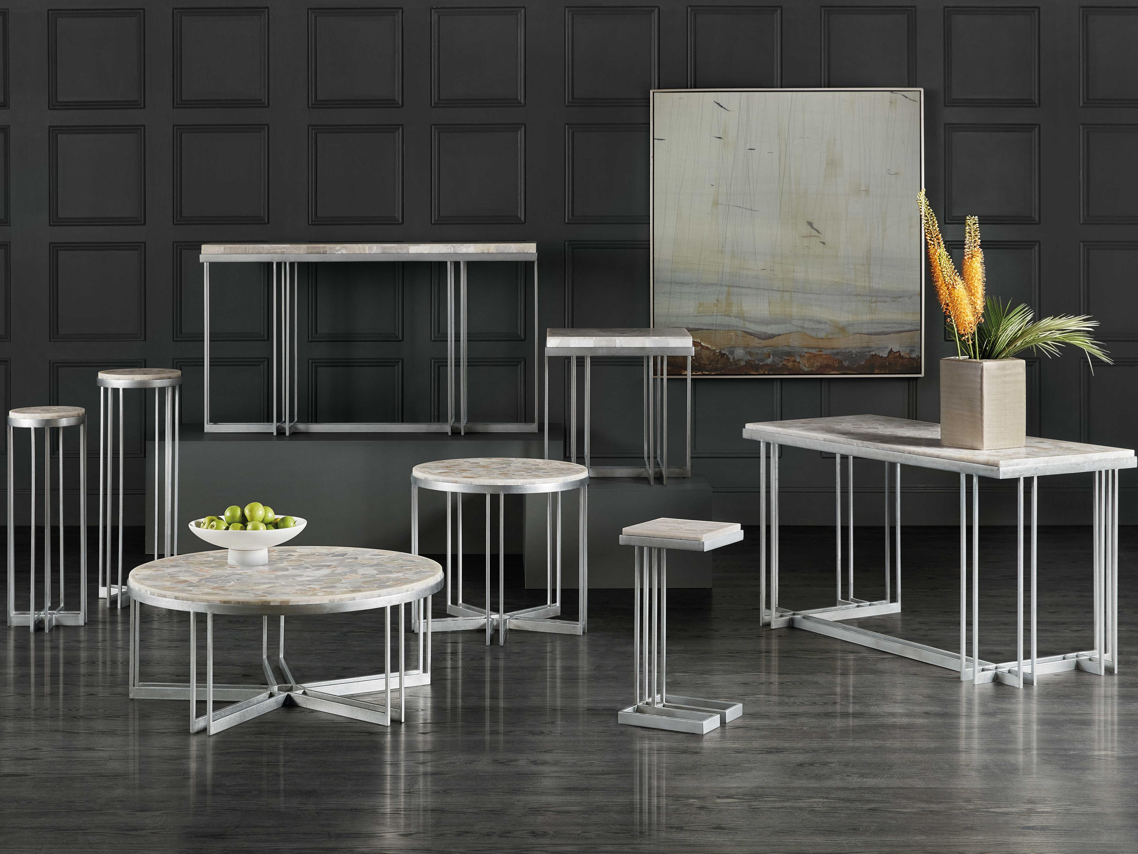 Hooker Furniture Melange Marin Round Stone Tumbles White Onyx Pewter End Table