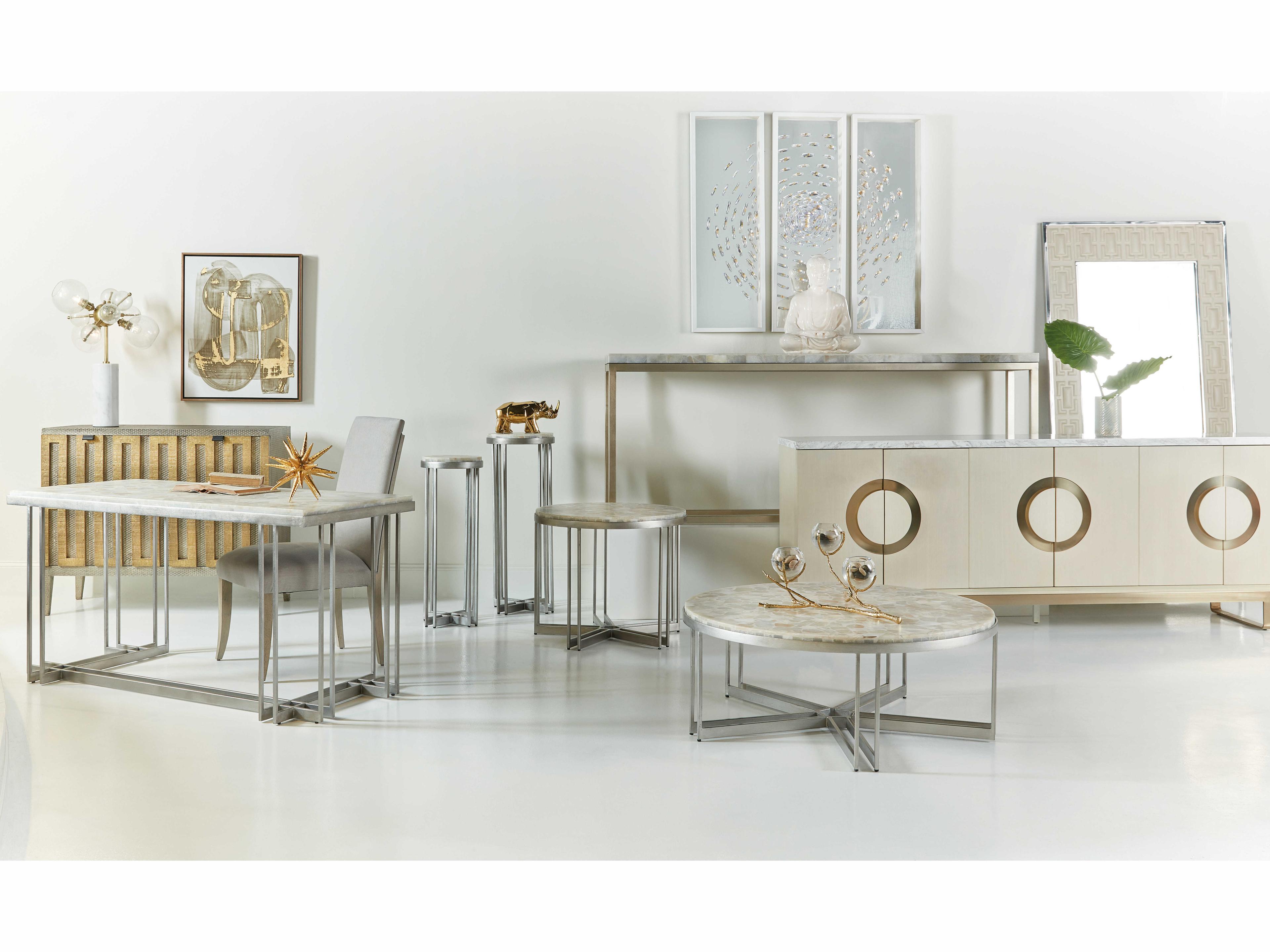 Hooker Furniture Melange Marin Round Stone Tumbles White Onyx Pewter End Table