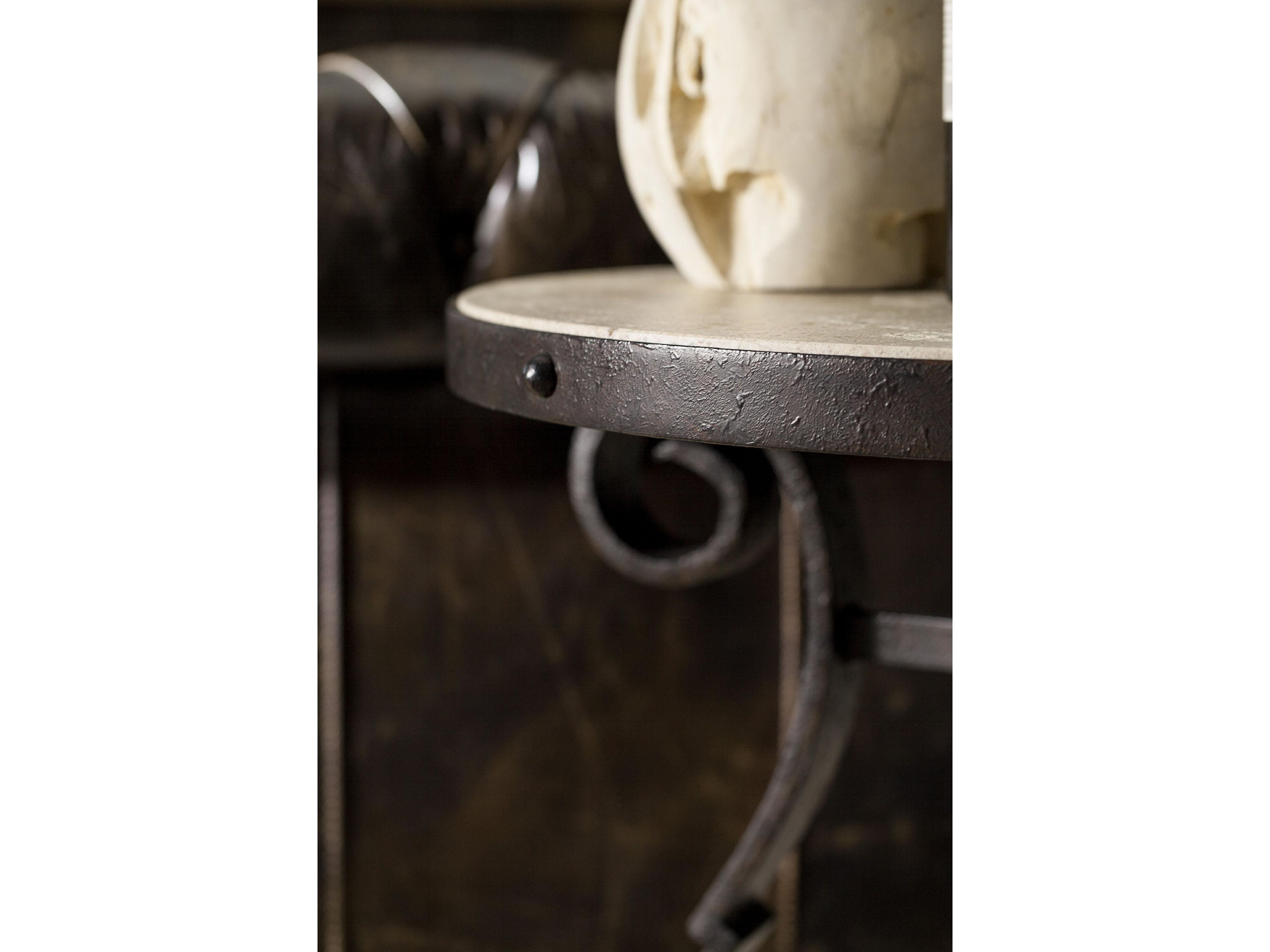 Luxecor Heritage Luckenbach Round Stone Antique Travertine Black End Table