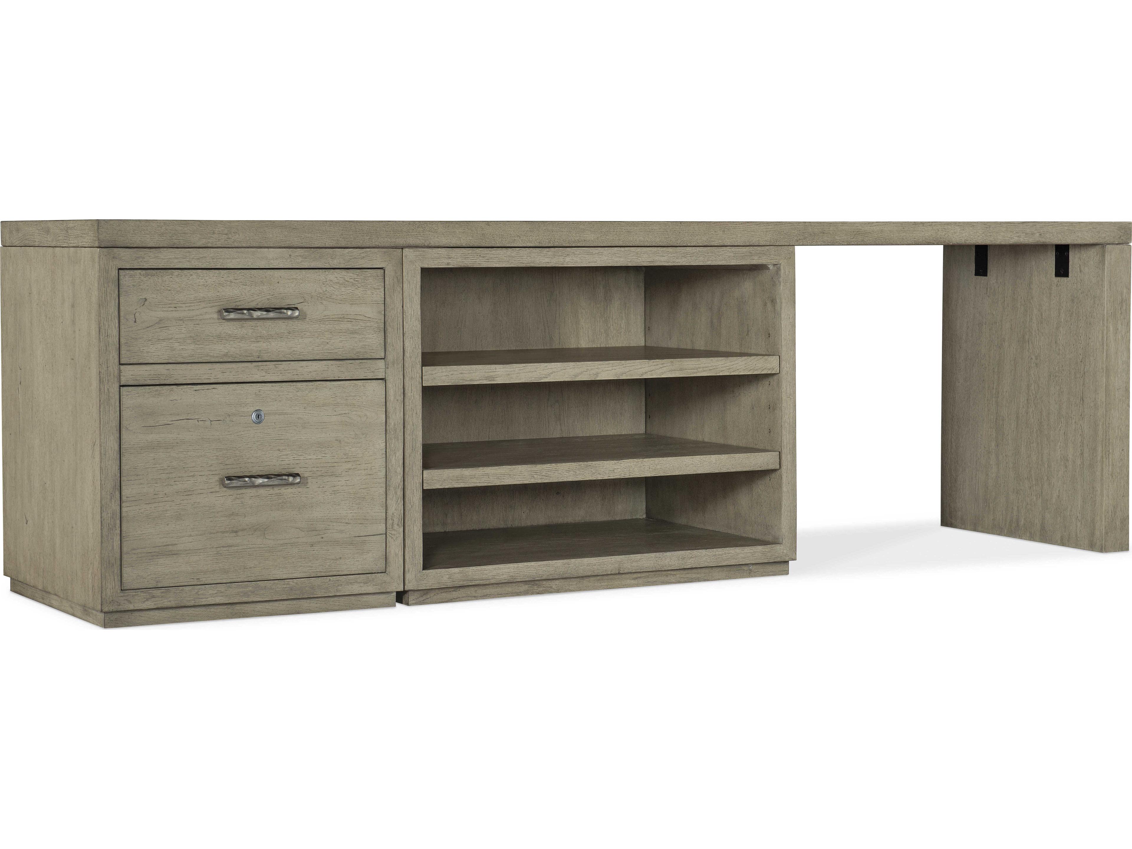 Linville Falls Wood Gray Oak Credenza Desk with File and Open Cabinet