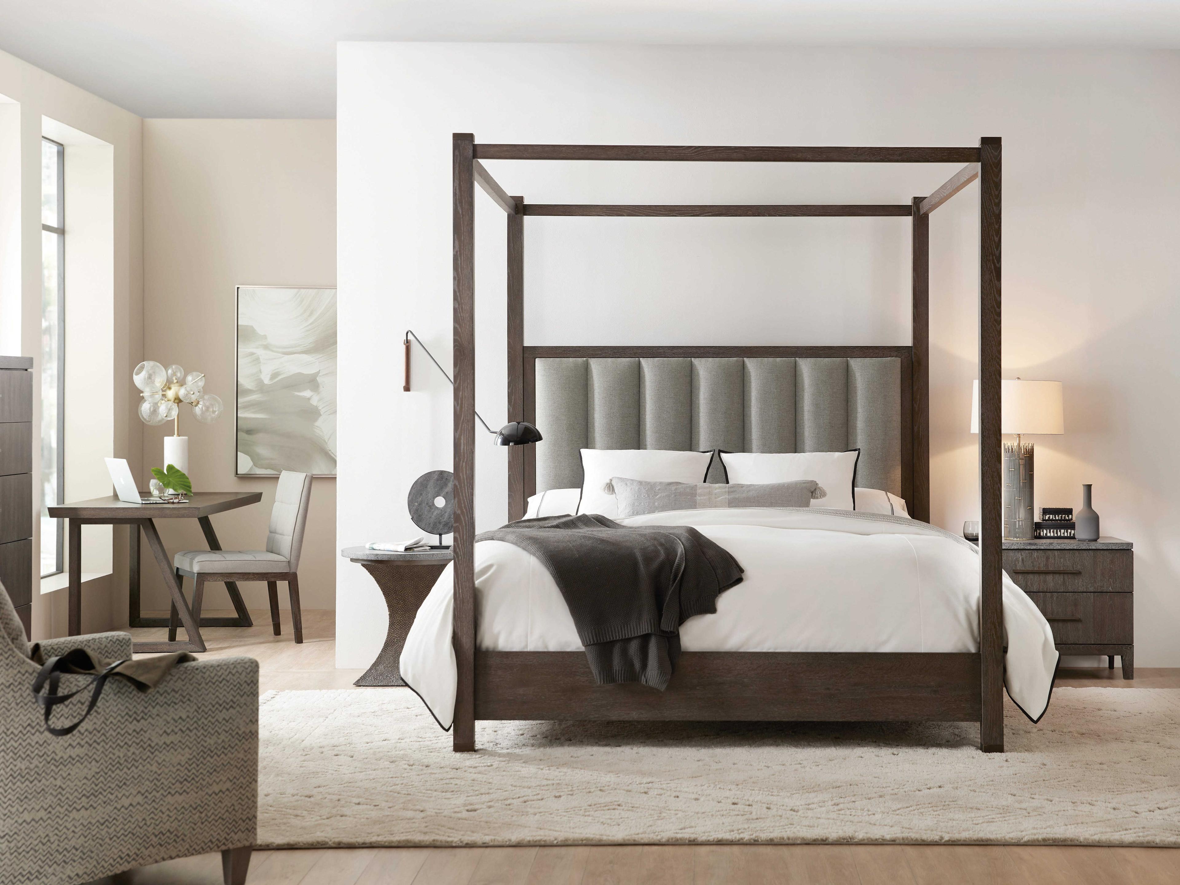 Hooker Furniture Miramar - Aventura Dark Wood Cleary Cement Brown Oak Upholstered Queen Poster Bed