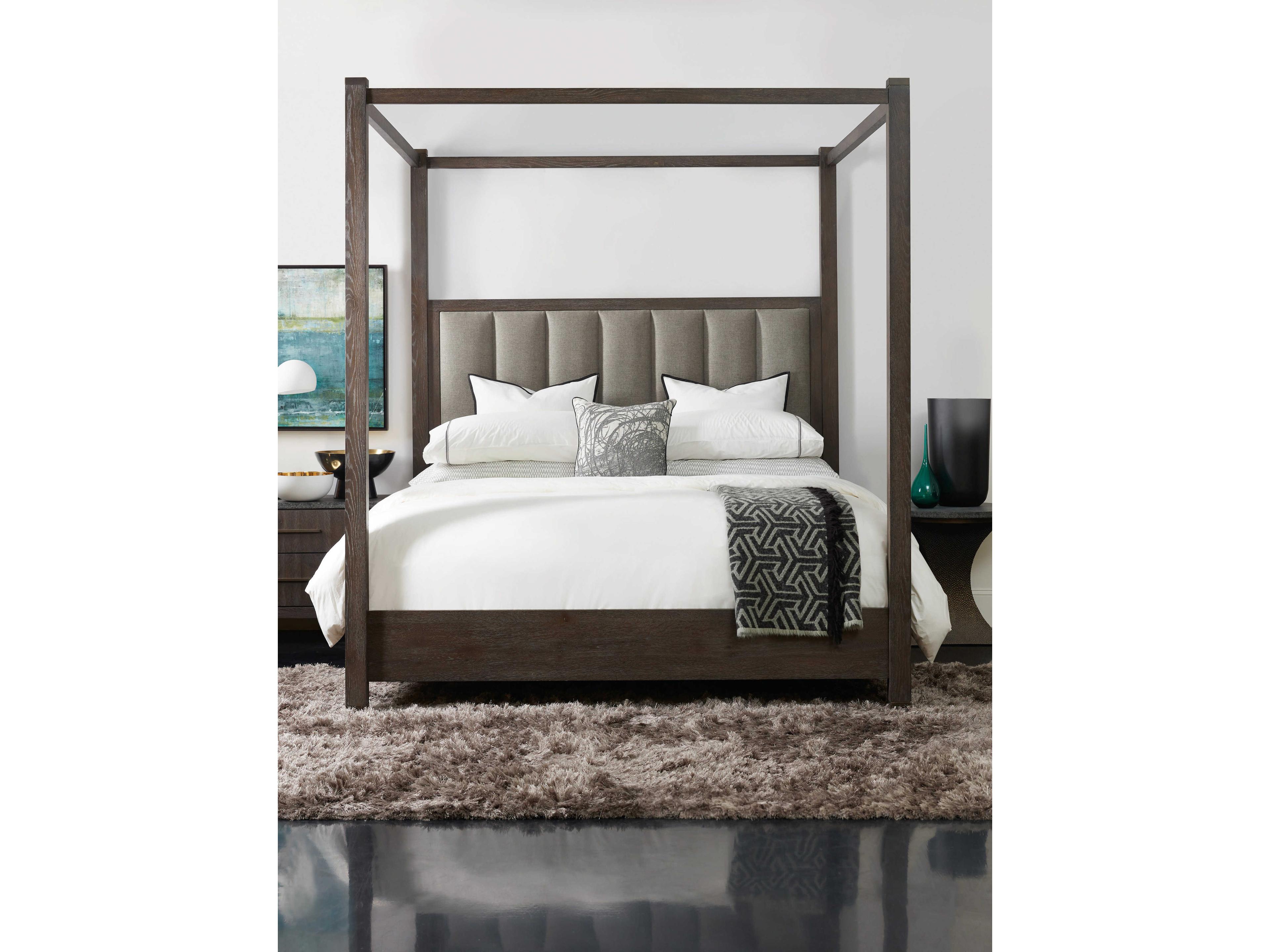 Hooker Furniture Miramar - Aventura Dark Wood Cleary Cement Brown Oak Upholstered Queen Poster Bed