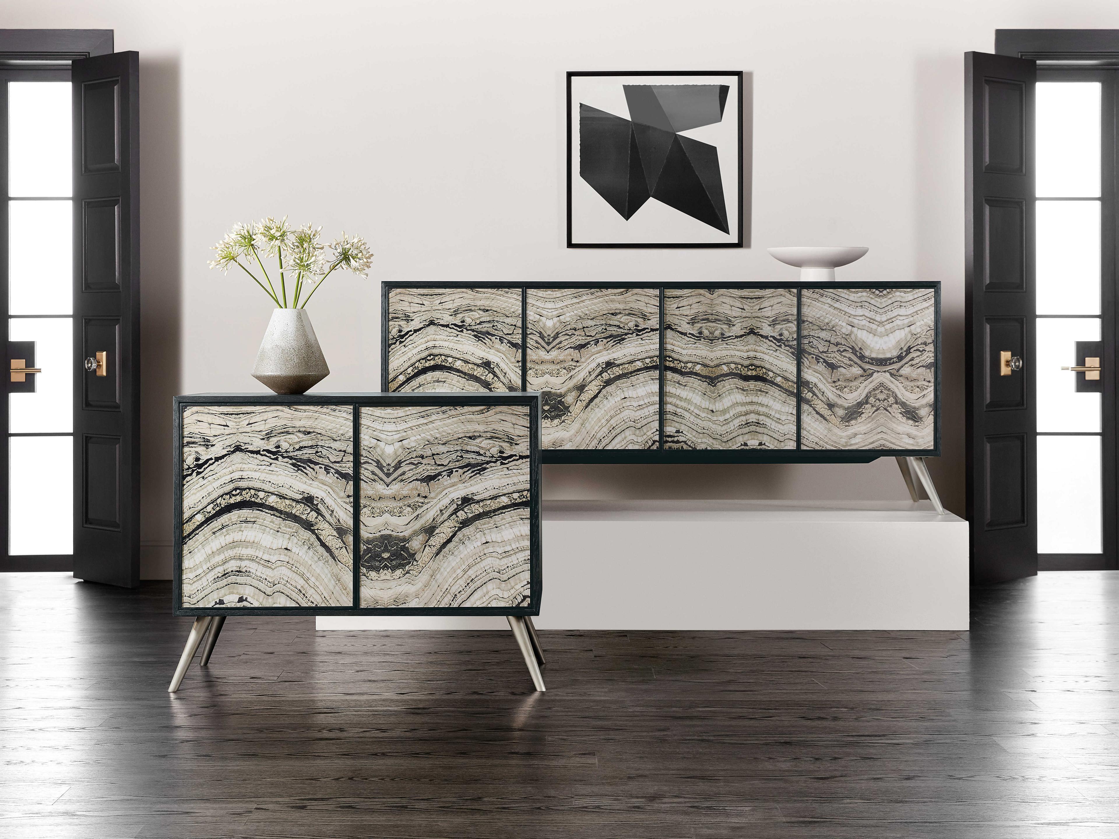 Luxecor Heritage Rockee 86" Oak Wood Black Silver Media Console