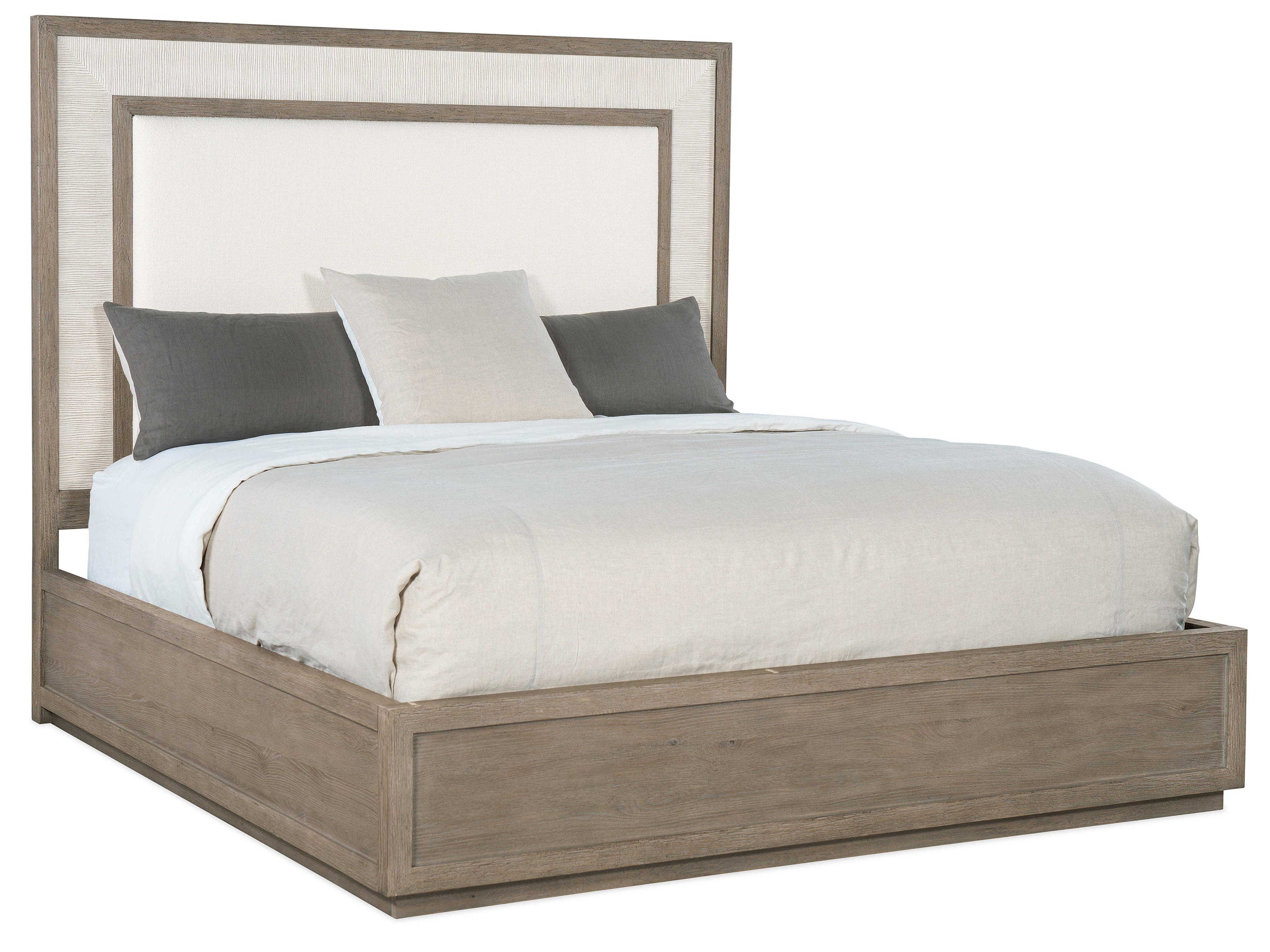 Serenity Rookery Arctic Gray Oak Wood Upholstered California King Panel Bed