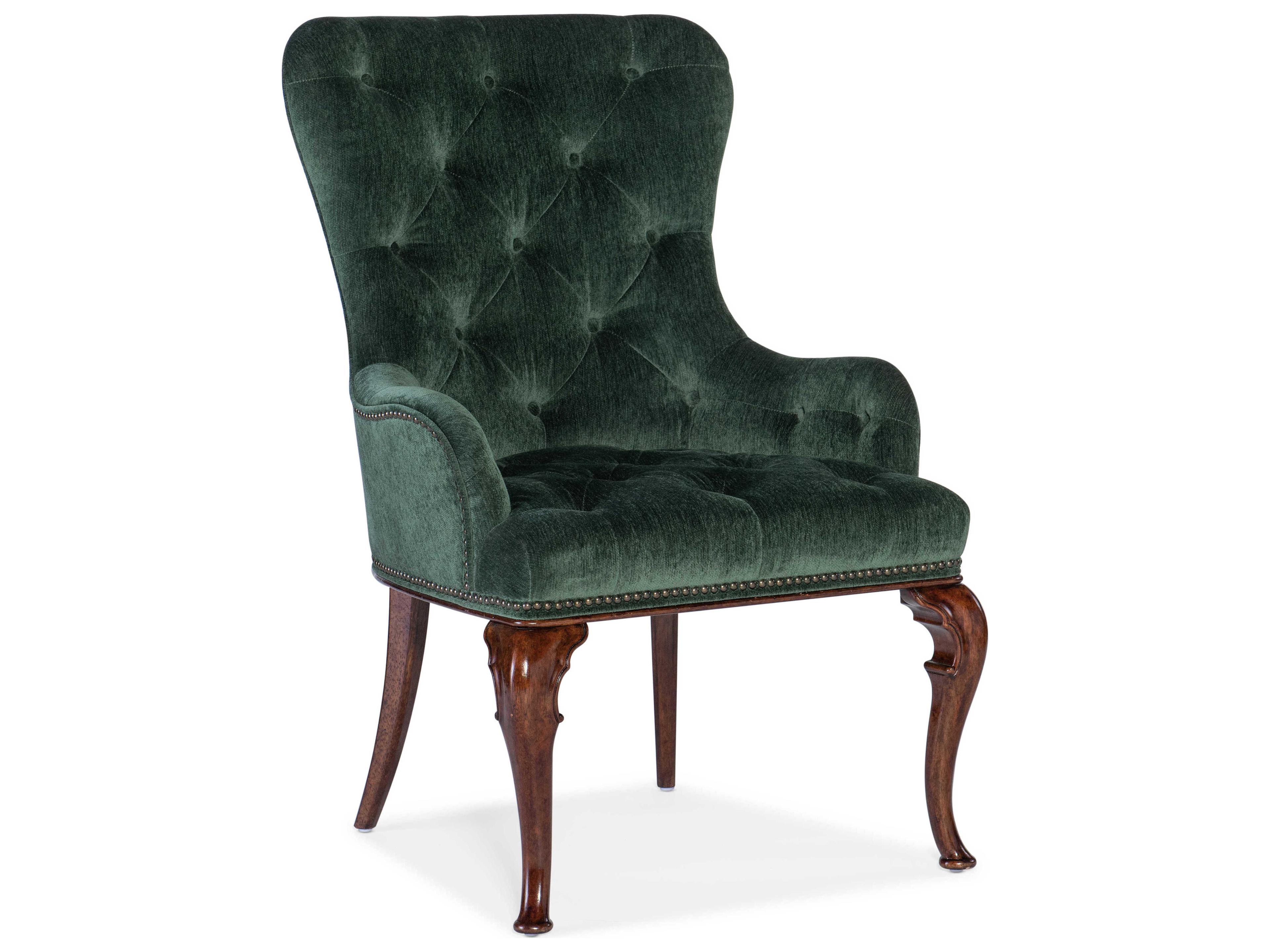 Charleston Tufted Cherry Wood Green Upholstered Arm Dining Chair