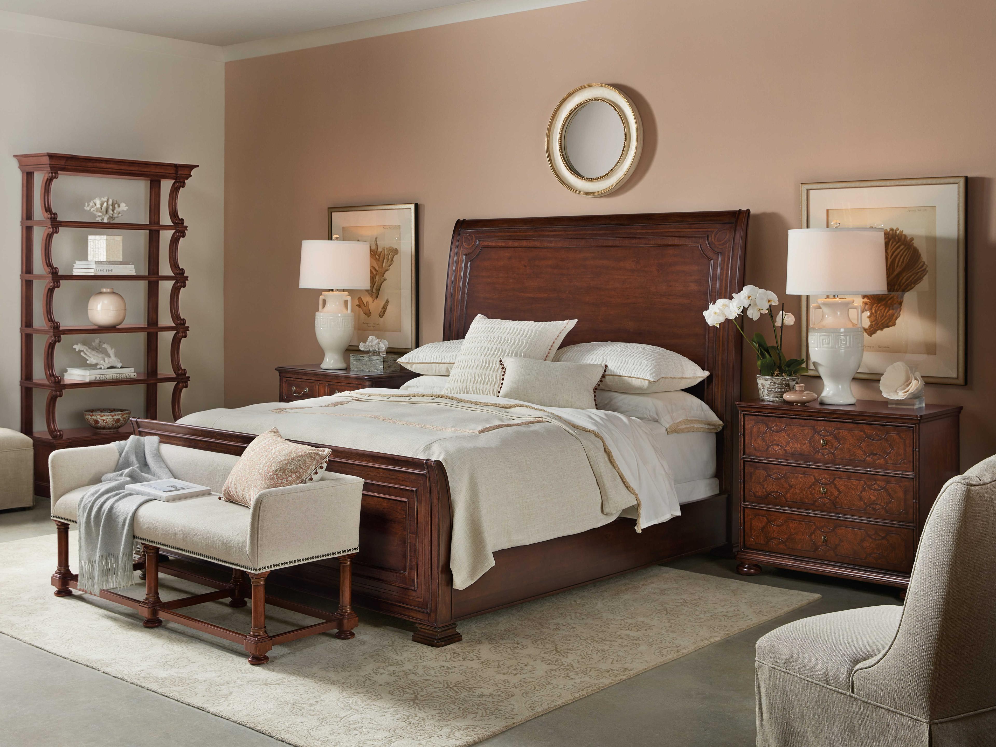 Hooker Furniture Charleston Chateau Linen Black Cherry Beige Upholstered Accent Bench