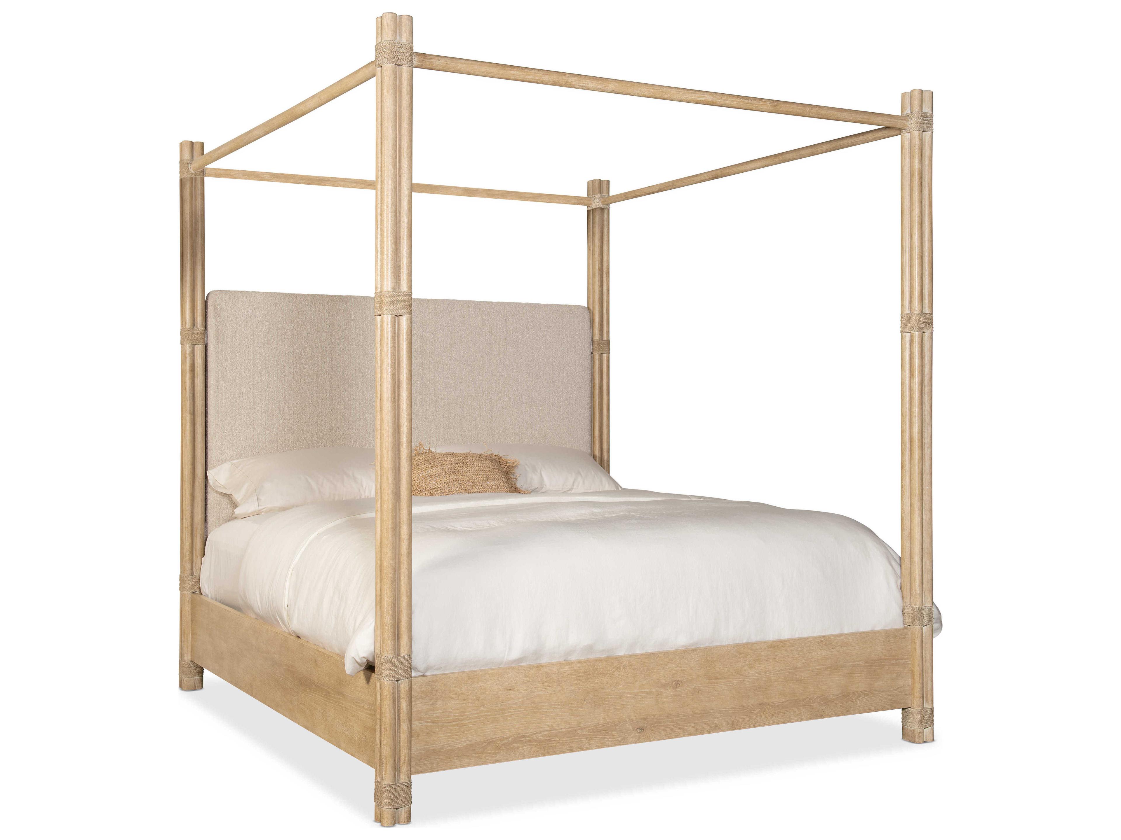 Hooker Furniture Retreat Pole Rattan Neo Cream Dune Brown Solid Wood Upholstered California King Poster Bed with Canopy