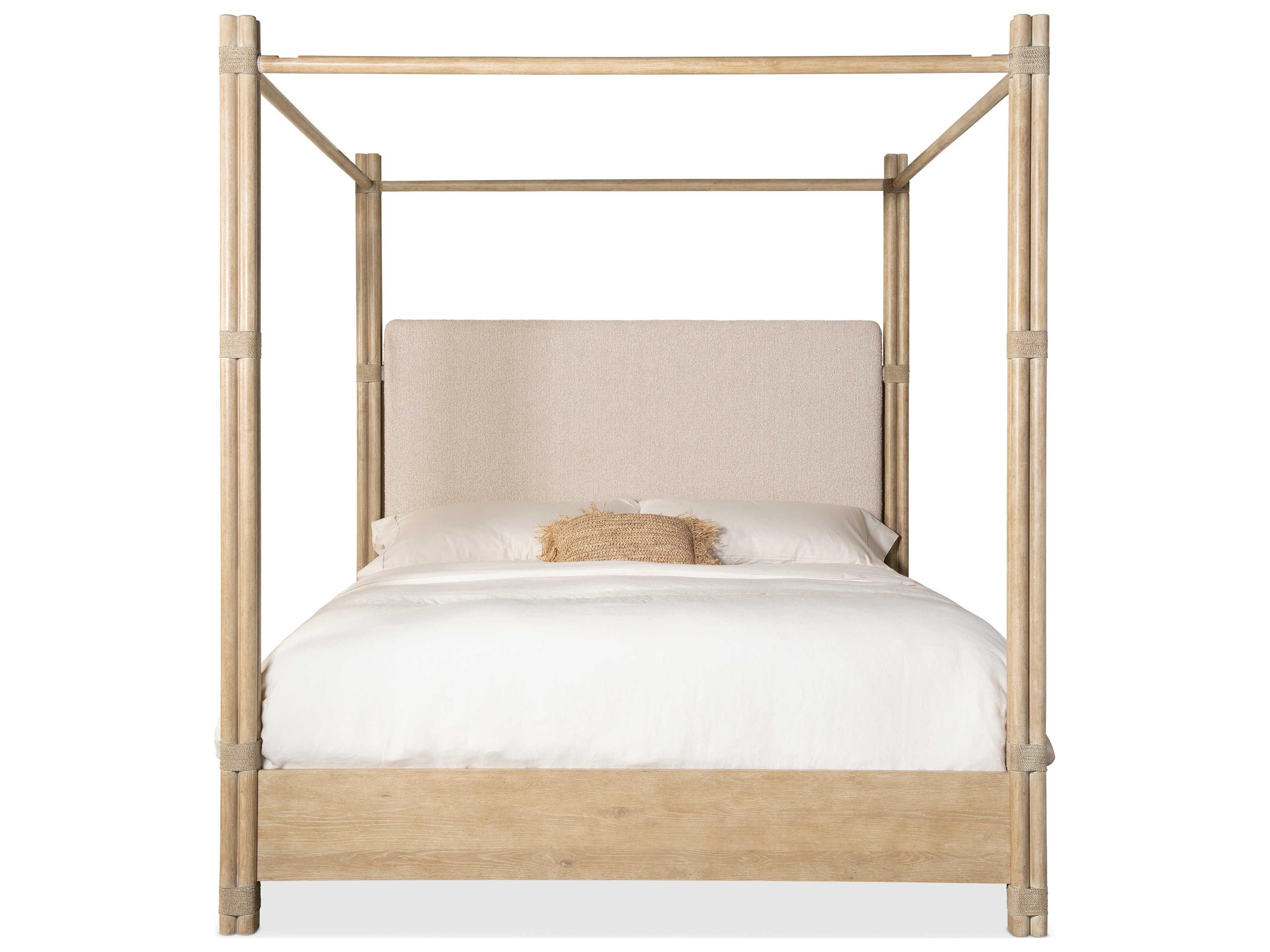 Hooker Furniture Retreat Pole Rattan Neo Cream Dune Brown Solid Wood Upholstered California King Poster Bed with Canopy