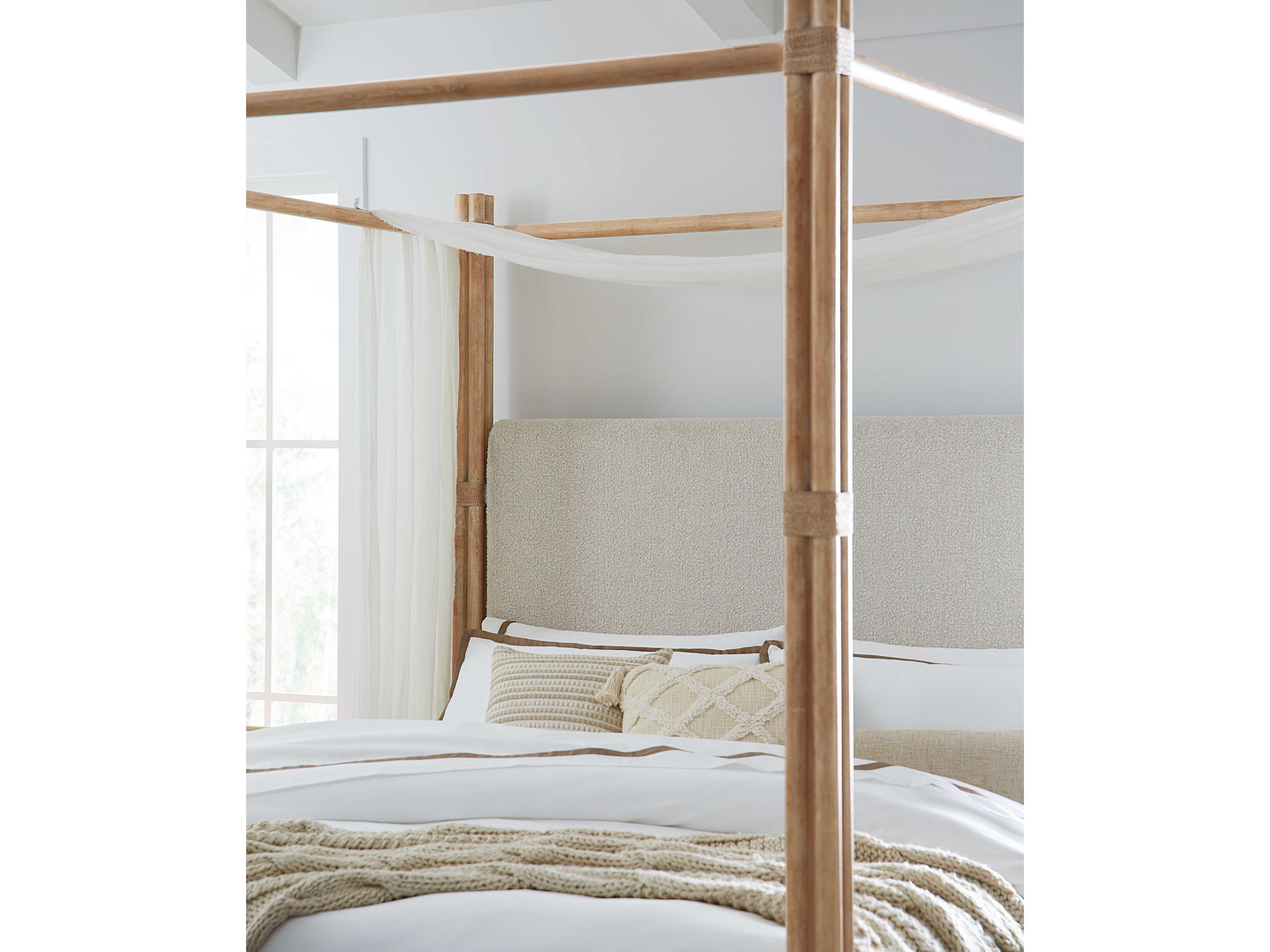 Hooker Furniture Retreat Pole Rattan Neo Cream Dune Brown Solid Wood Upholstered California King Poster Bed with Canopy