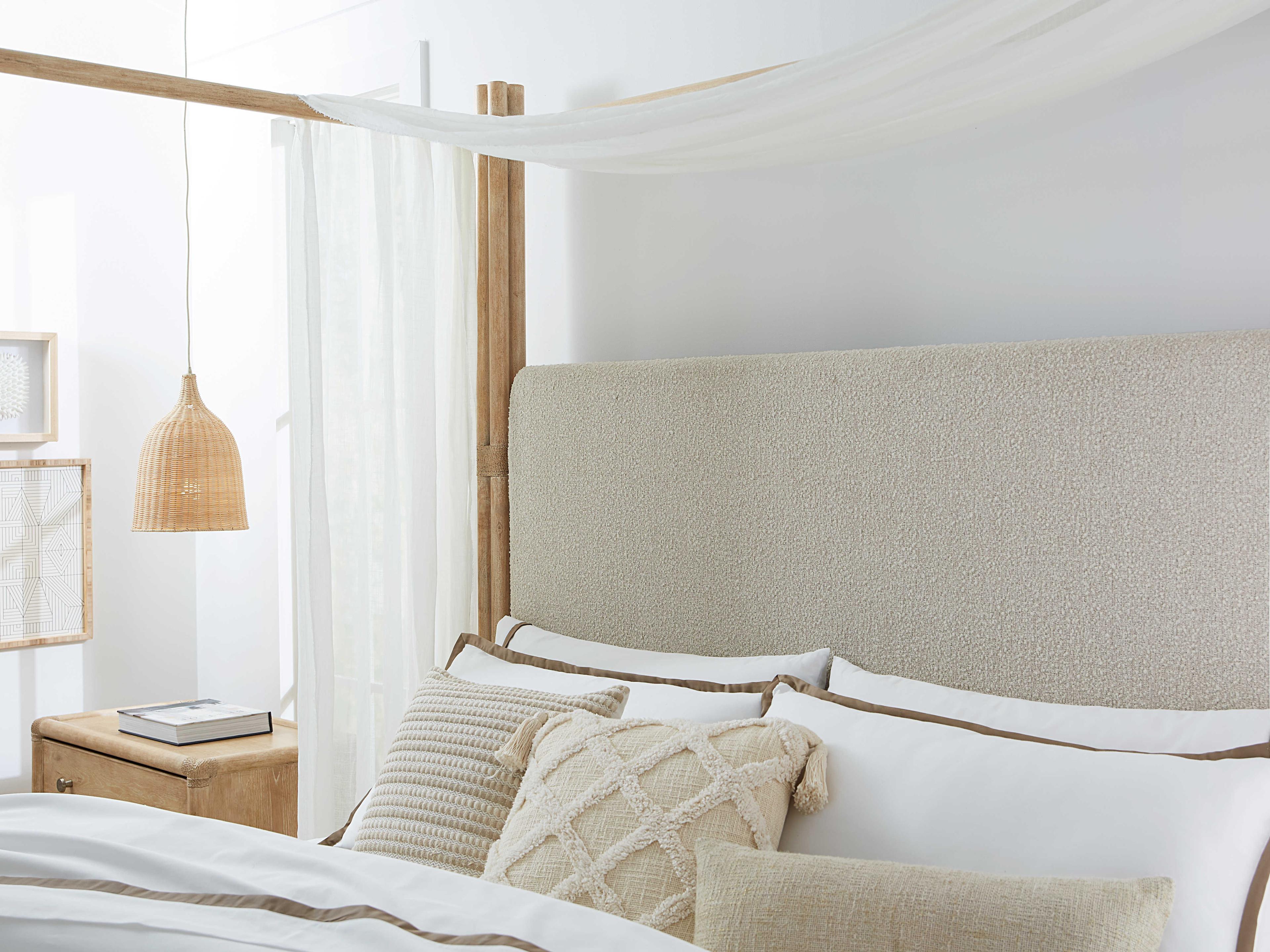 Hooker Furniture Retreat Pole Rattan Neo Cream Dune Brown Solid Wood Upholstered California King Poster Bed with Canopy