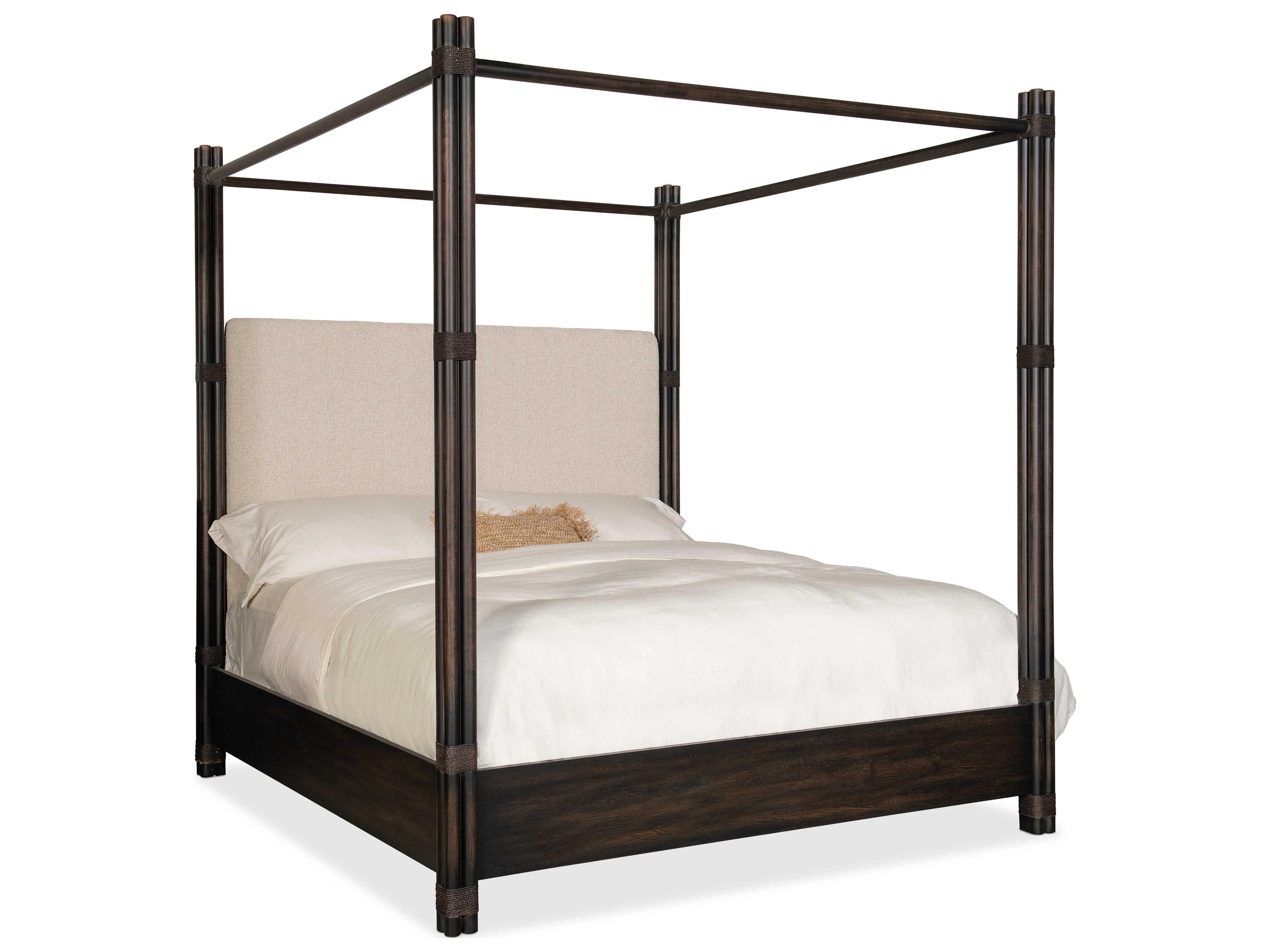Retreat Pole Rattan Neo Cream Black Sand Solid Wood Upholstered King Poster Bed with Canopy