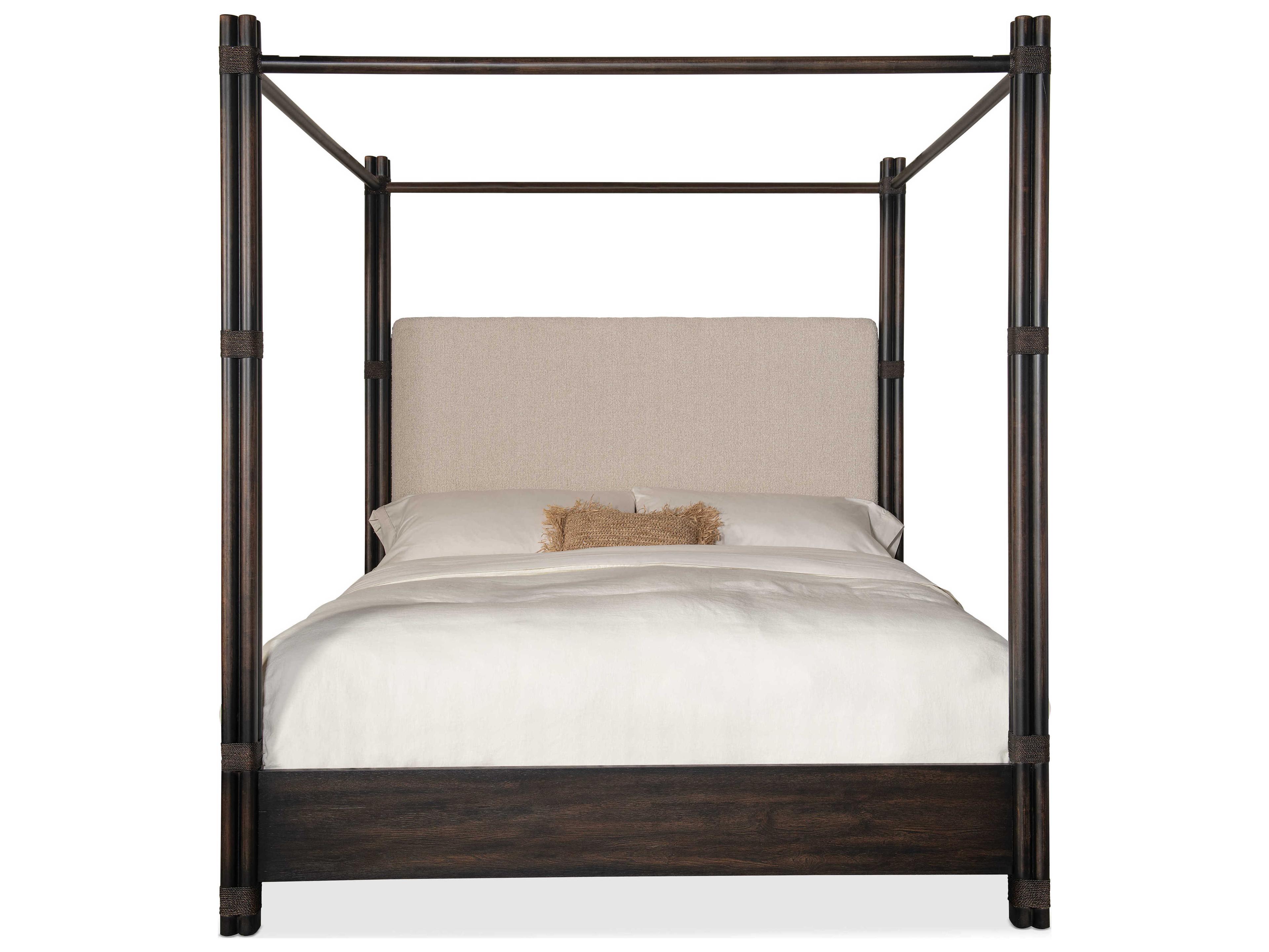 Hooker Furniture Retreat Pole Rattan Neo Cream Black Sand Solid Wood Upholstered King Poster Bed with Canopy
