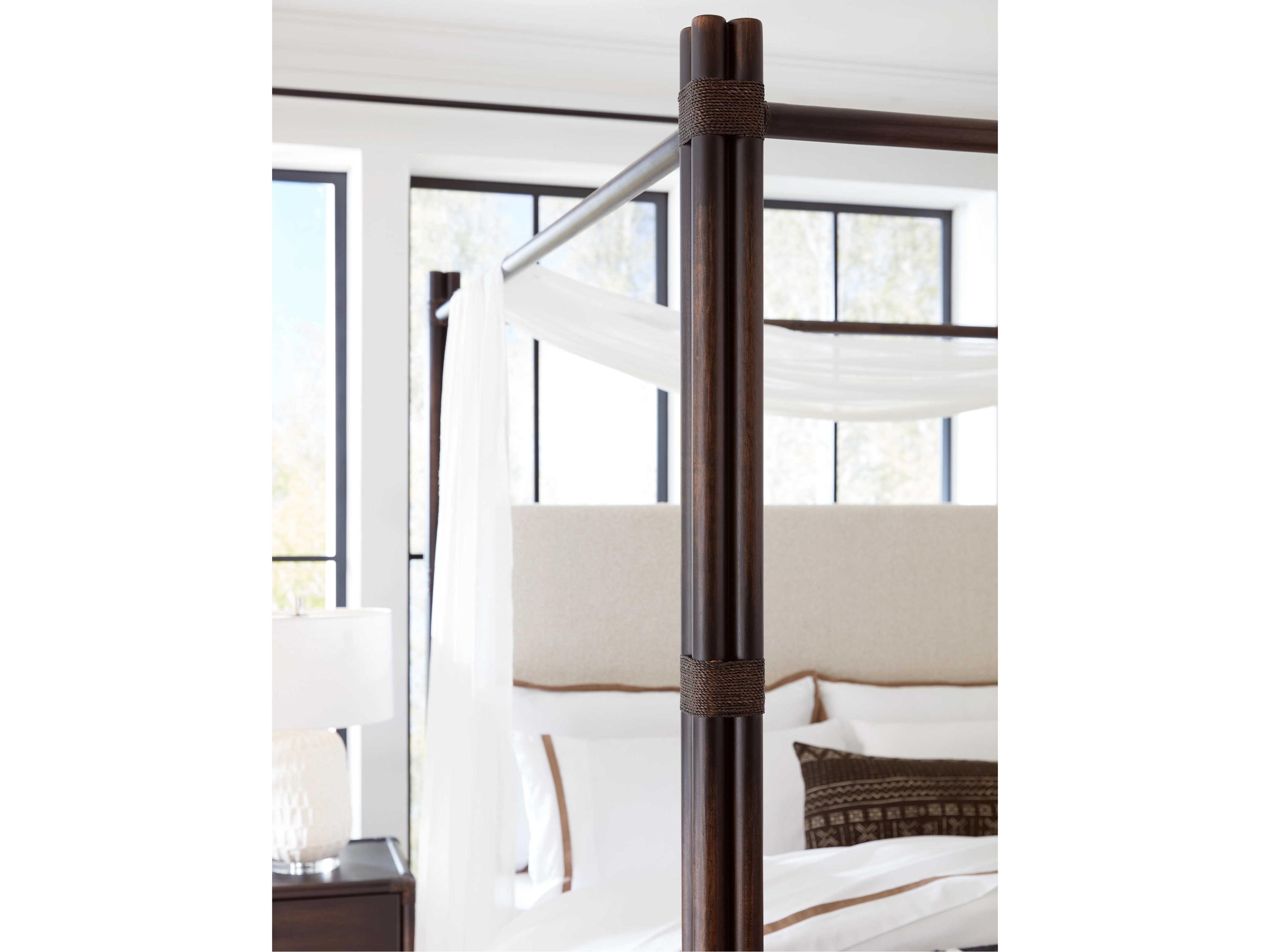 Hooker Furniture Retreat Pole Rattan Neo Cream Black Sand Solid Wood Upholstered King Poster Bed with Canopy