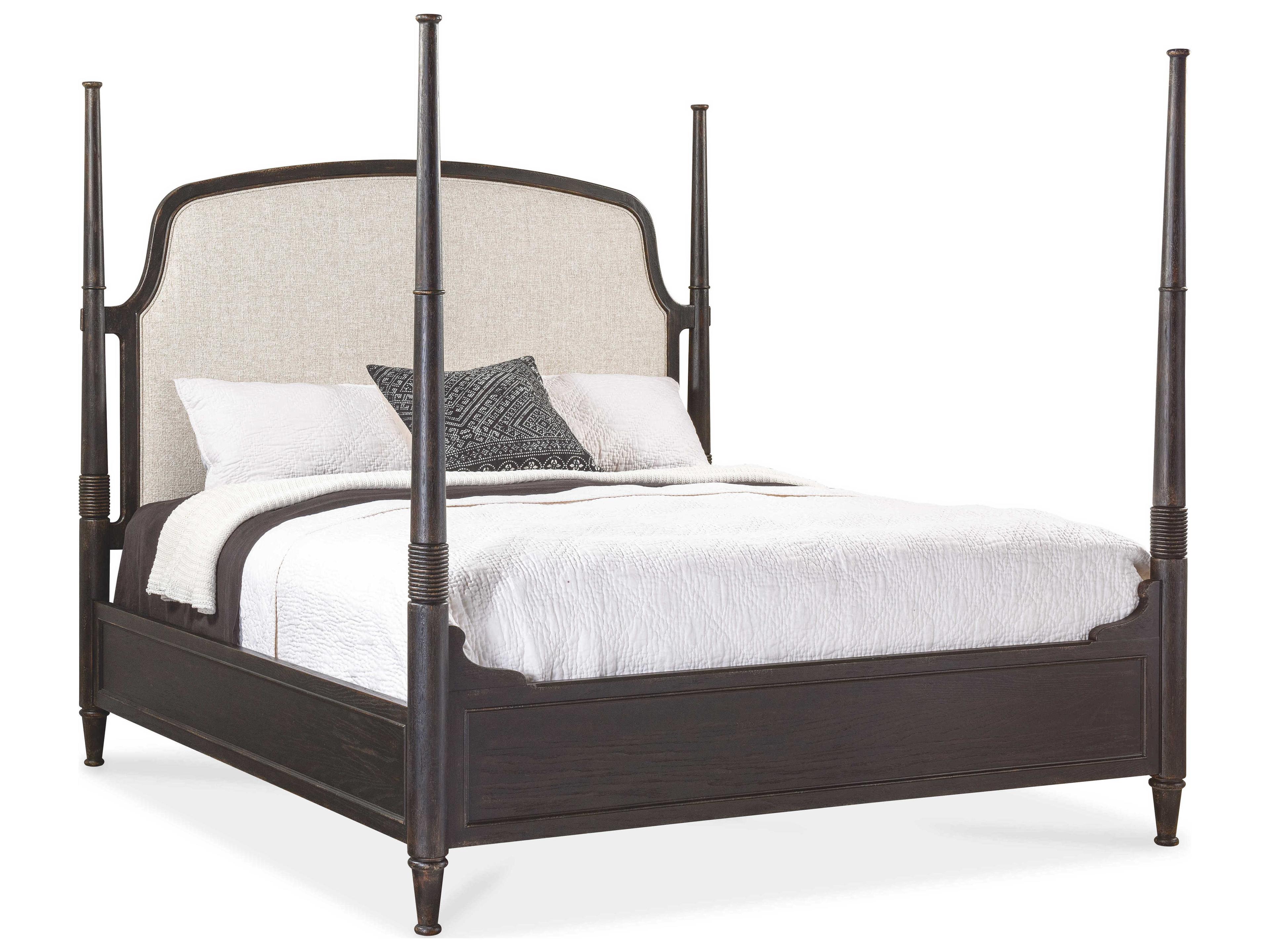 Heritage Brown Beige Oak Wood Upholstered California King Four Poster Bed