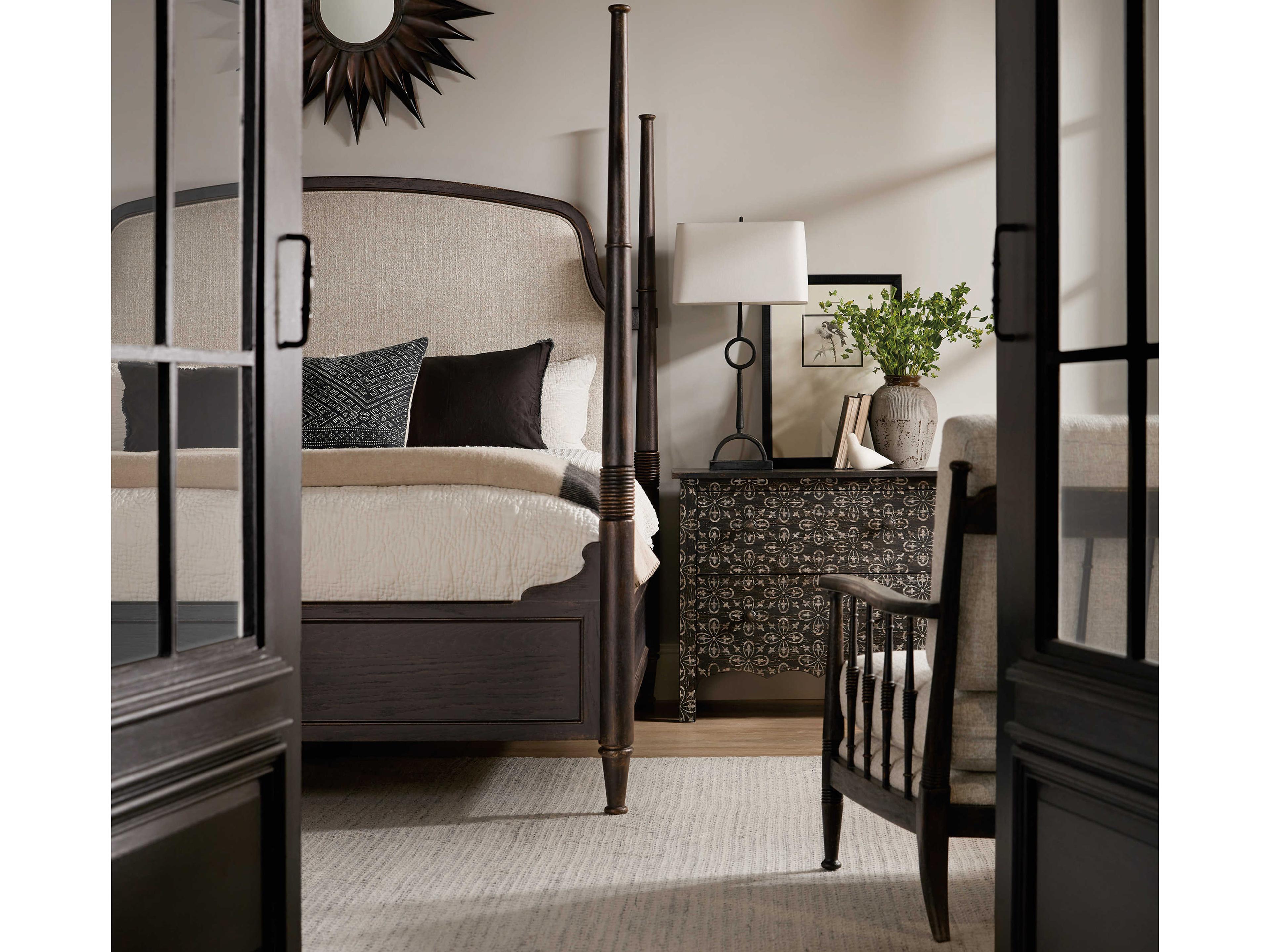 Luxecor Heritage Brown Beige Oak Wood Upholstered California King Four Poster Bed