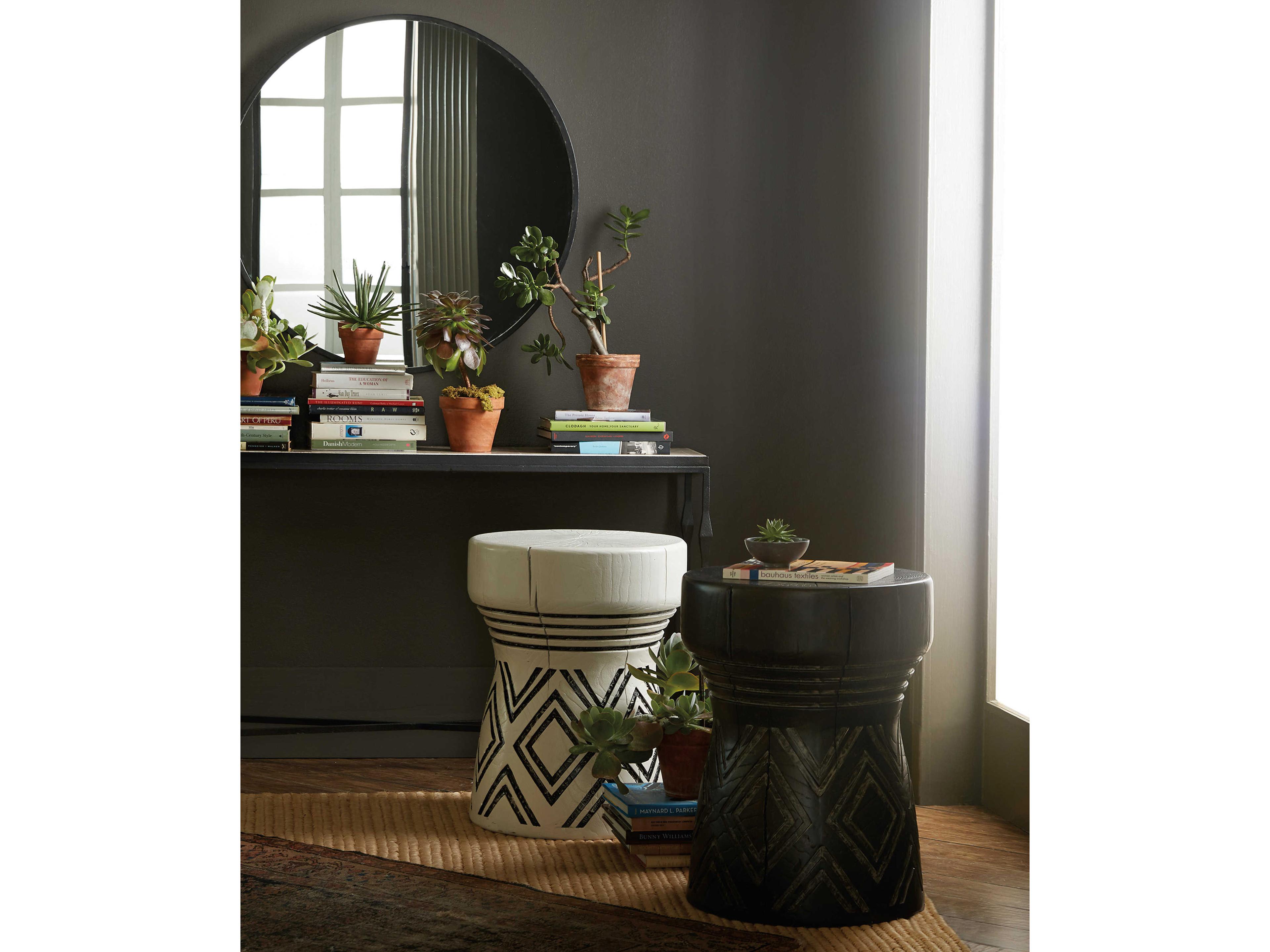 Hooker Furniture Commerce And Market Carved Stump Round Resin Black End Table