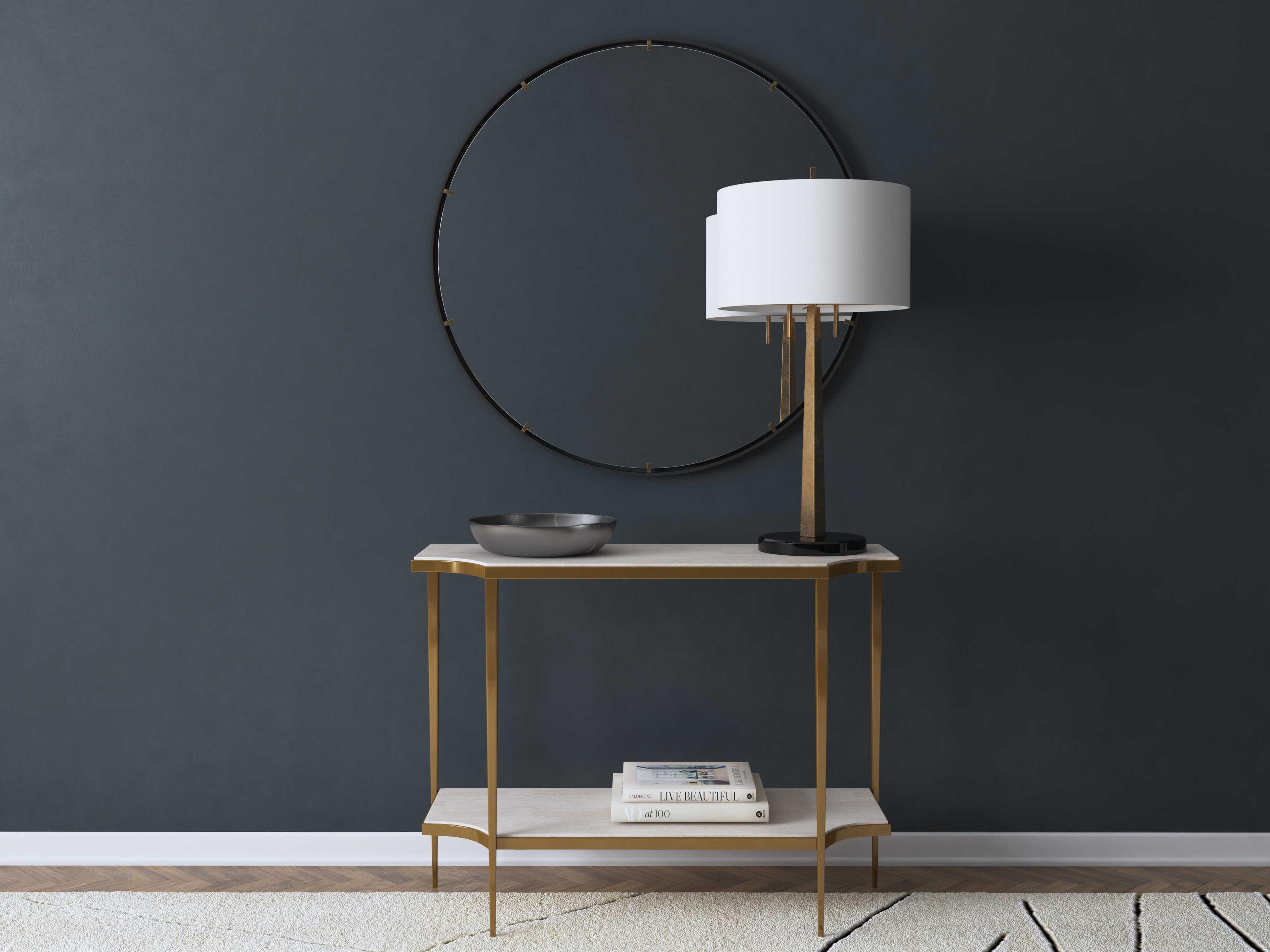 Luxecor Heritage Demilune White Travertine Stone Gold Console Table