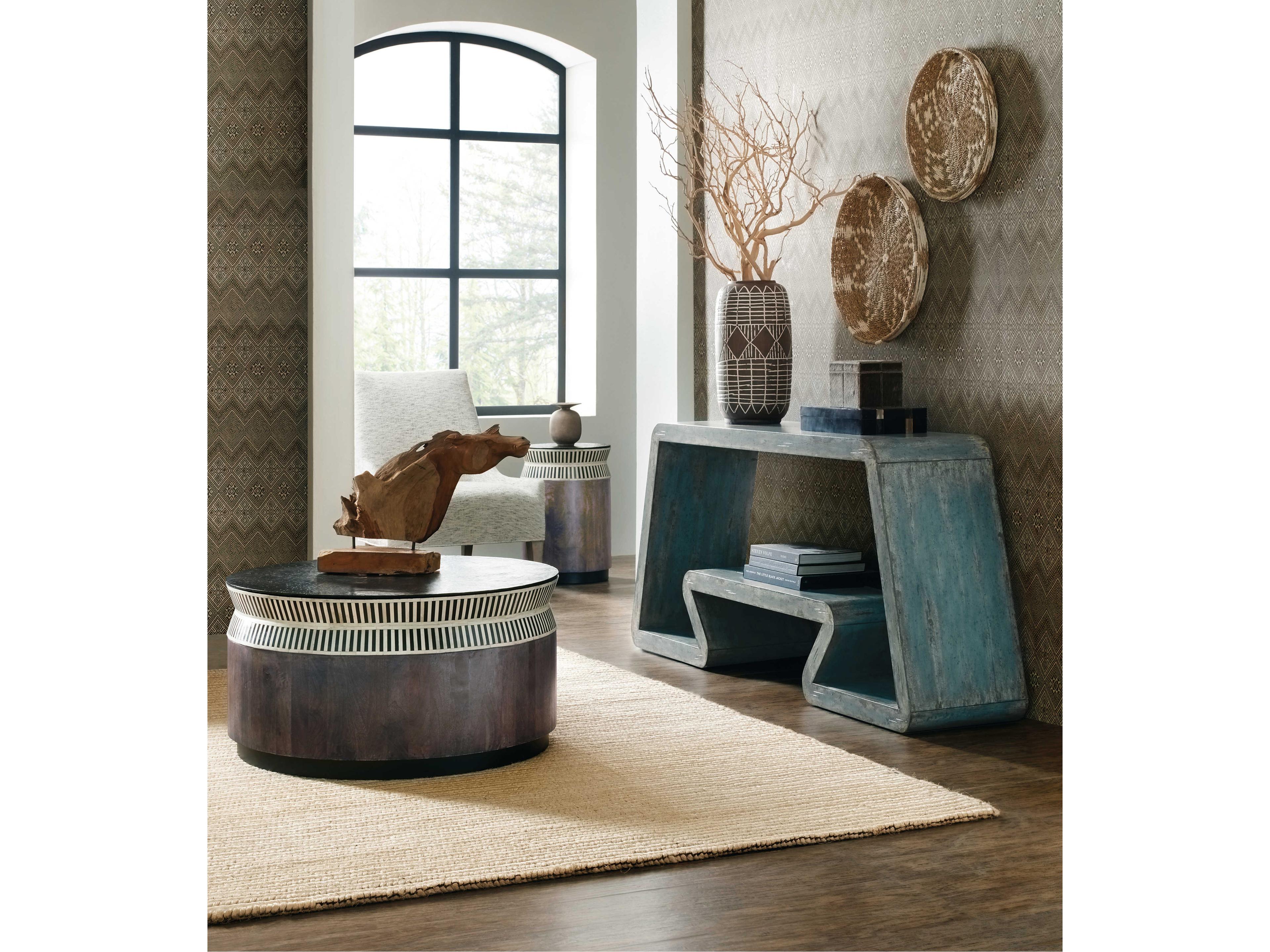 Hooker Furniture Commerce and Market Jacobs Ladder Round Stone Black And White Natural Dark Wood End Table