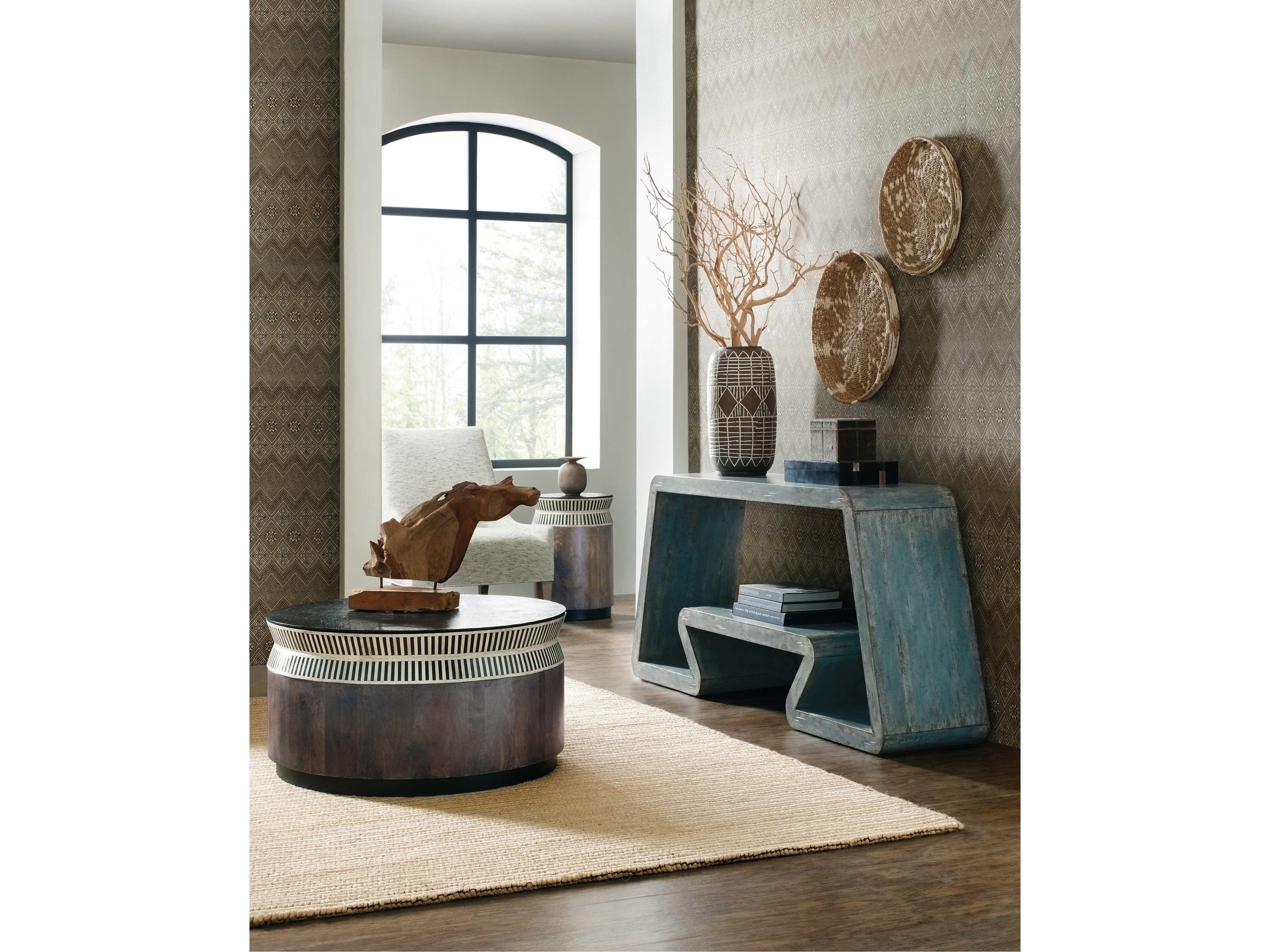 Hooker Furniture Commerce and Market Jacoba Ladder Round Stone Black And White Natural Dark Wood Cocktail Table