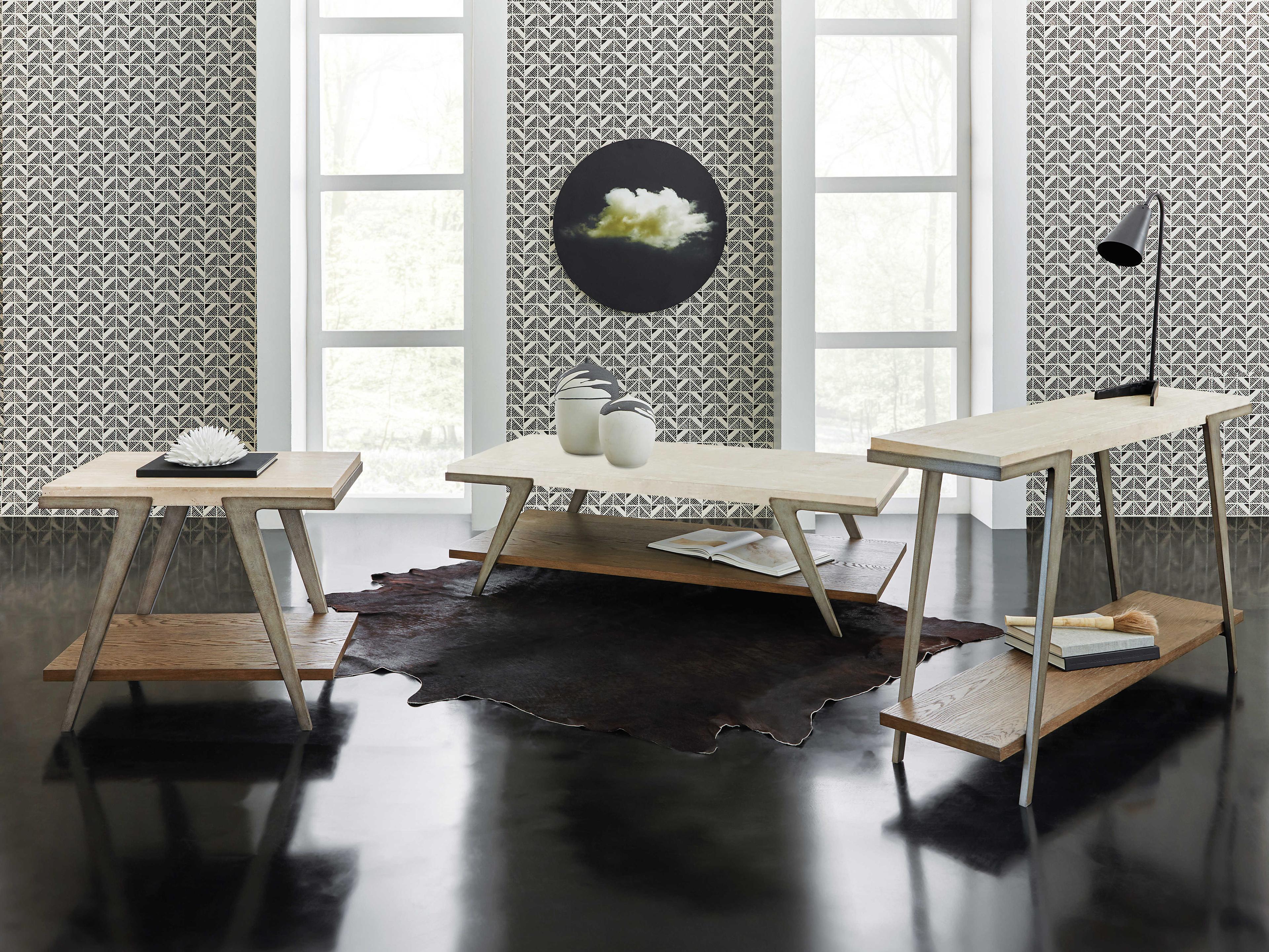 Hooker Furniture Commerce and Market Boomerang Rectangular Cream Travertine Marble Natural Gray Cocktail Table