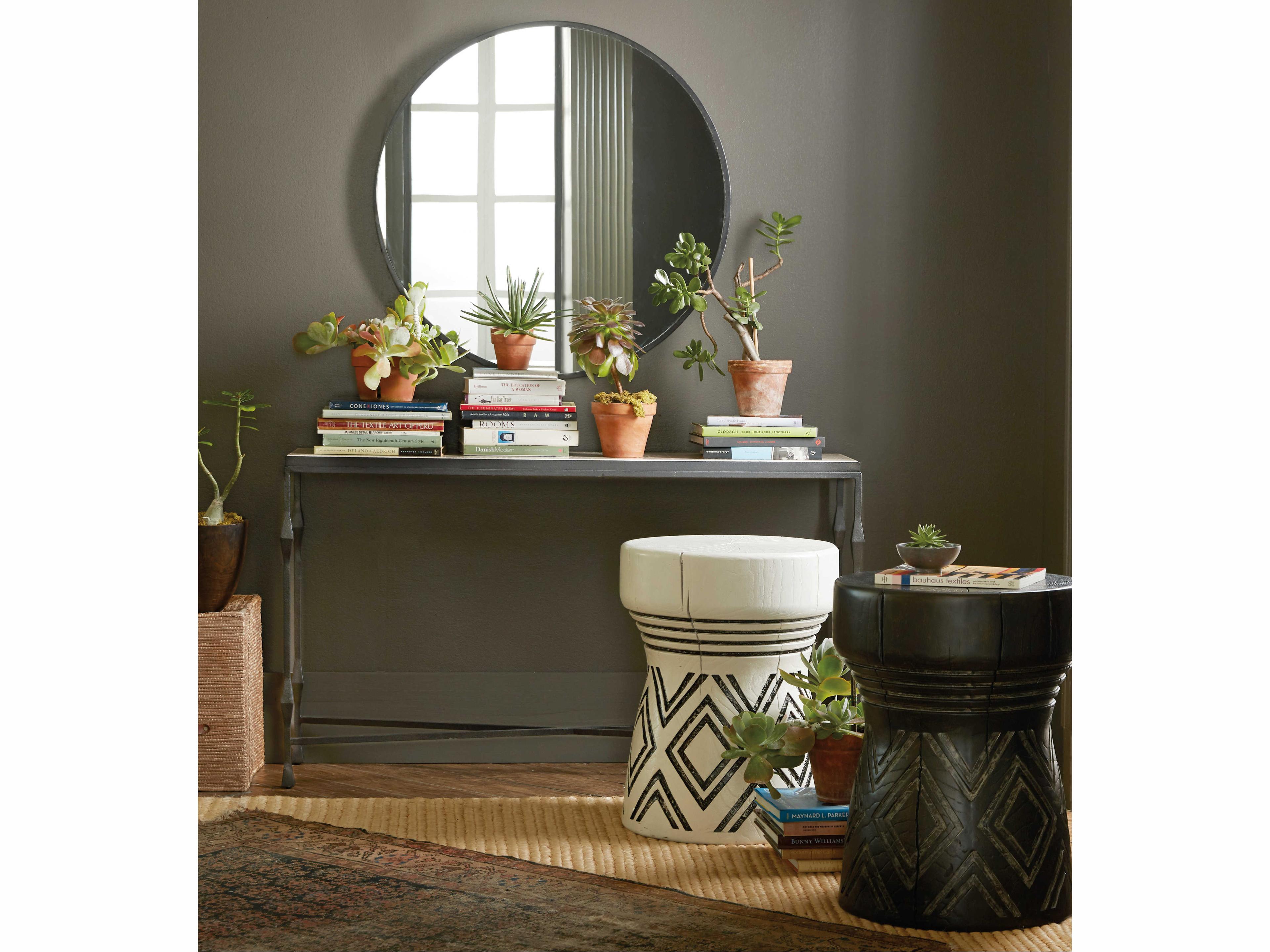 Hooker Furniture Commerce And Market Rectangular White Travertine Stone Black Console Table