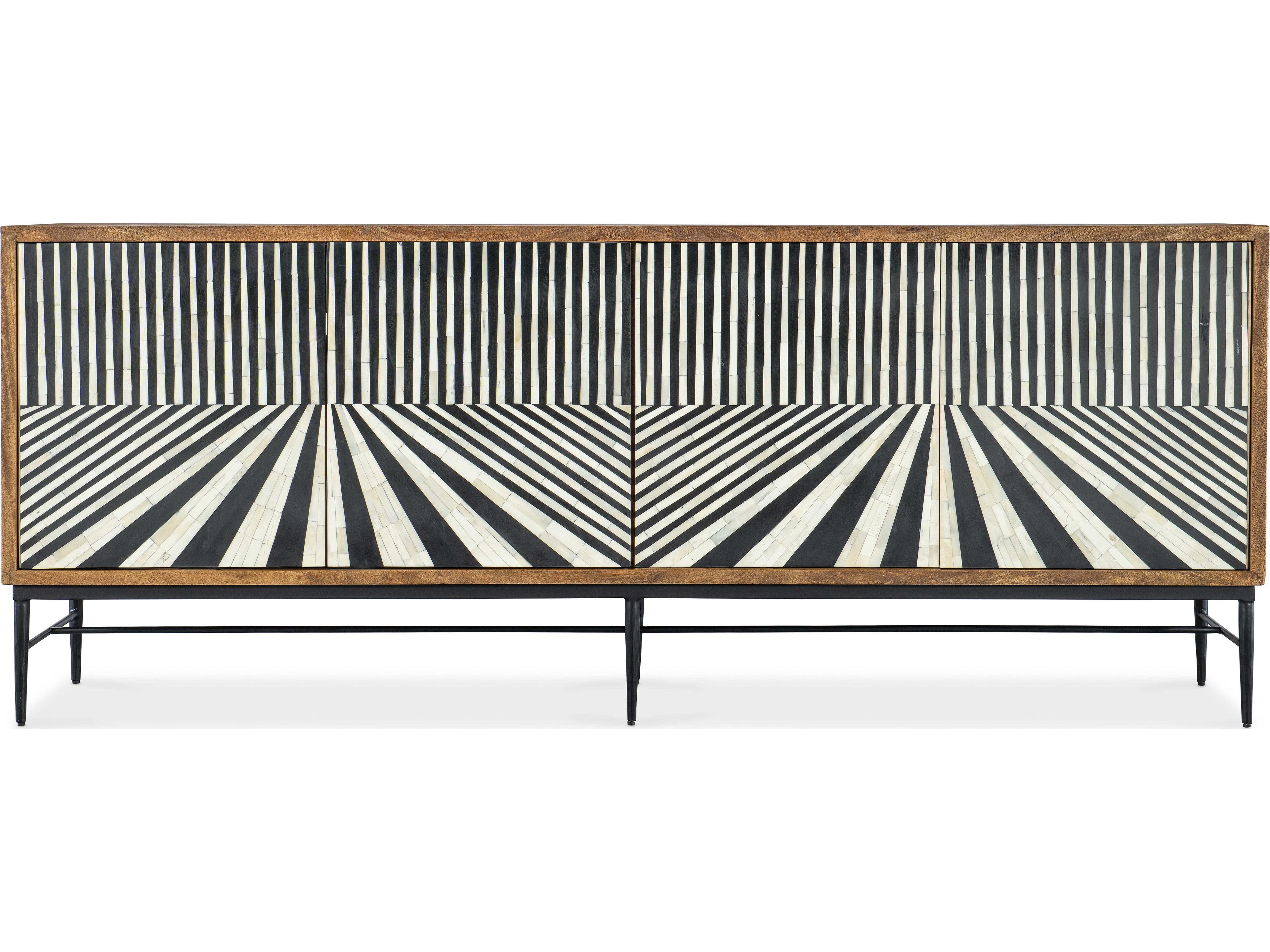 Hooker Furniture Commerce and Market Linear Perspective 80" Mango Wood Brown Black & White Credenza Sideboard