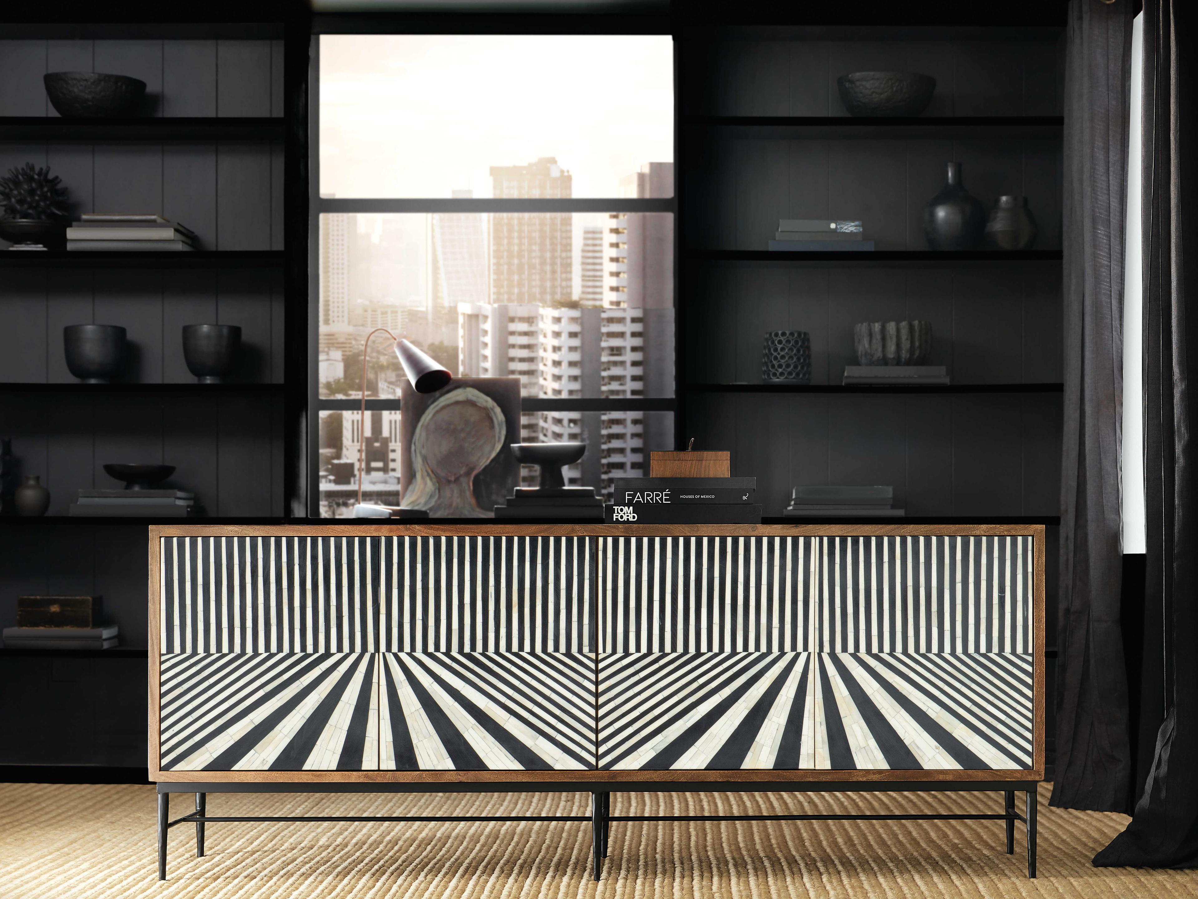 Hooker Furniture Commerce and Market Linear Perspective 80" Mango Wood Brown Black & White Credenza Sideboard