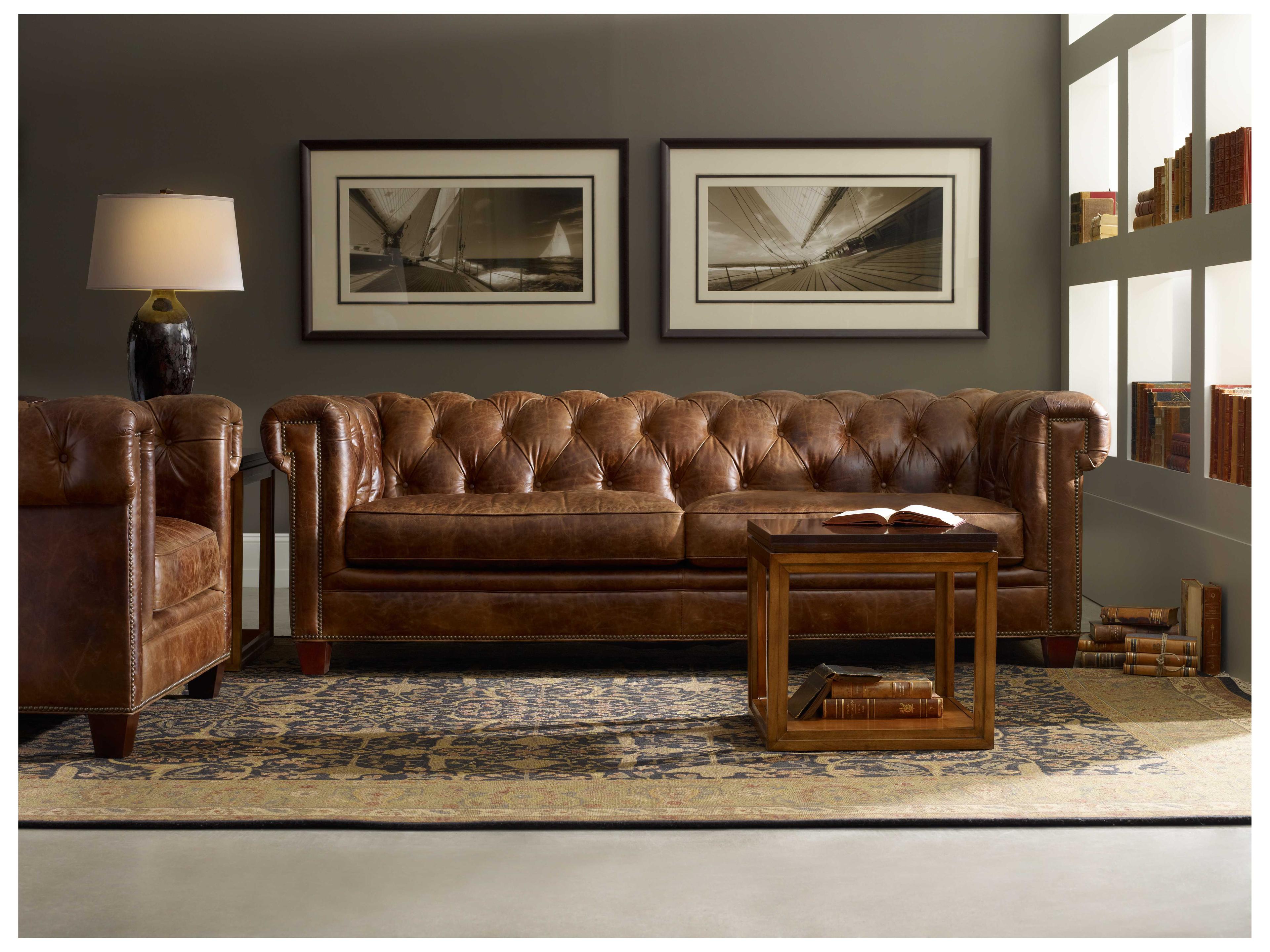 Hooker Furniture Malawi Tonga Dark Wood Brown Leather Sofa